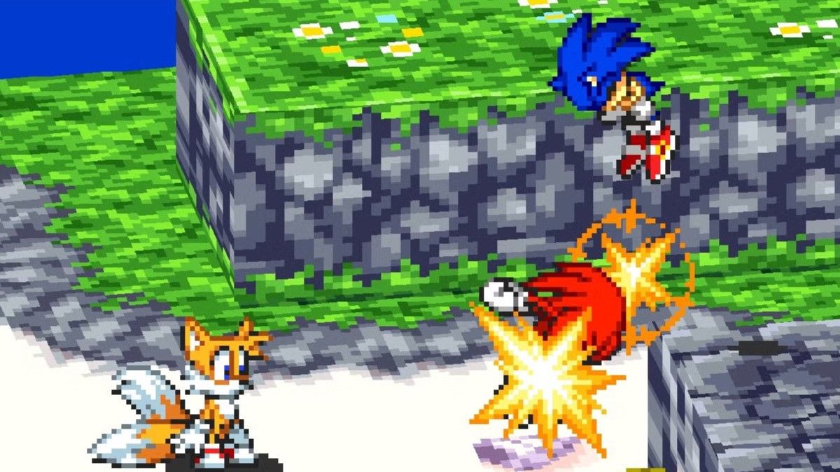 A screenshot of a fight between Sonic, Tails and Knuckles in Sonic Battle.