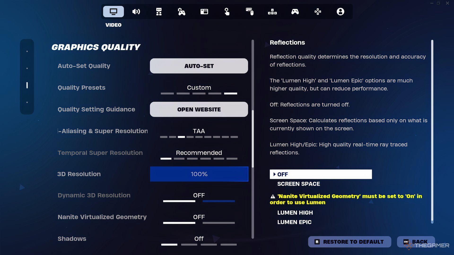 A menu showing graphics settings in Fortnite Ballistic.