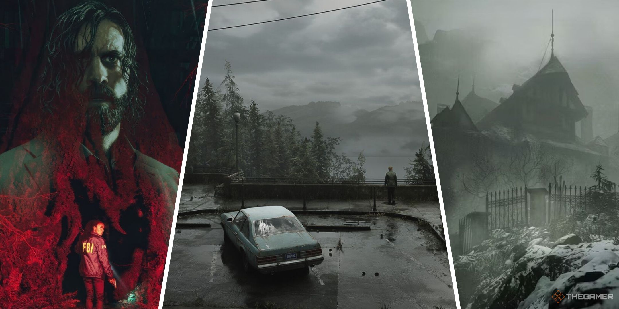 Best Horror Games You Can Play On PS5 New Feature Image Featuring Alan Wake And Saga On The Alan Wake 2 Art, James Sunderland In The Silent Hill 2 Remake, And A Foggy House Beneviento From Resident Evil Village.