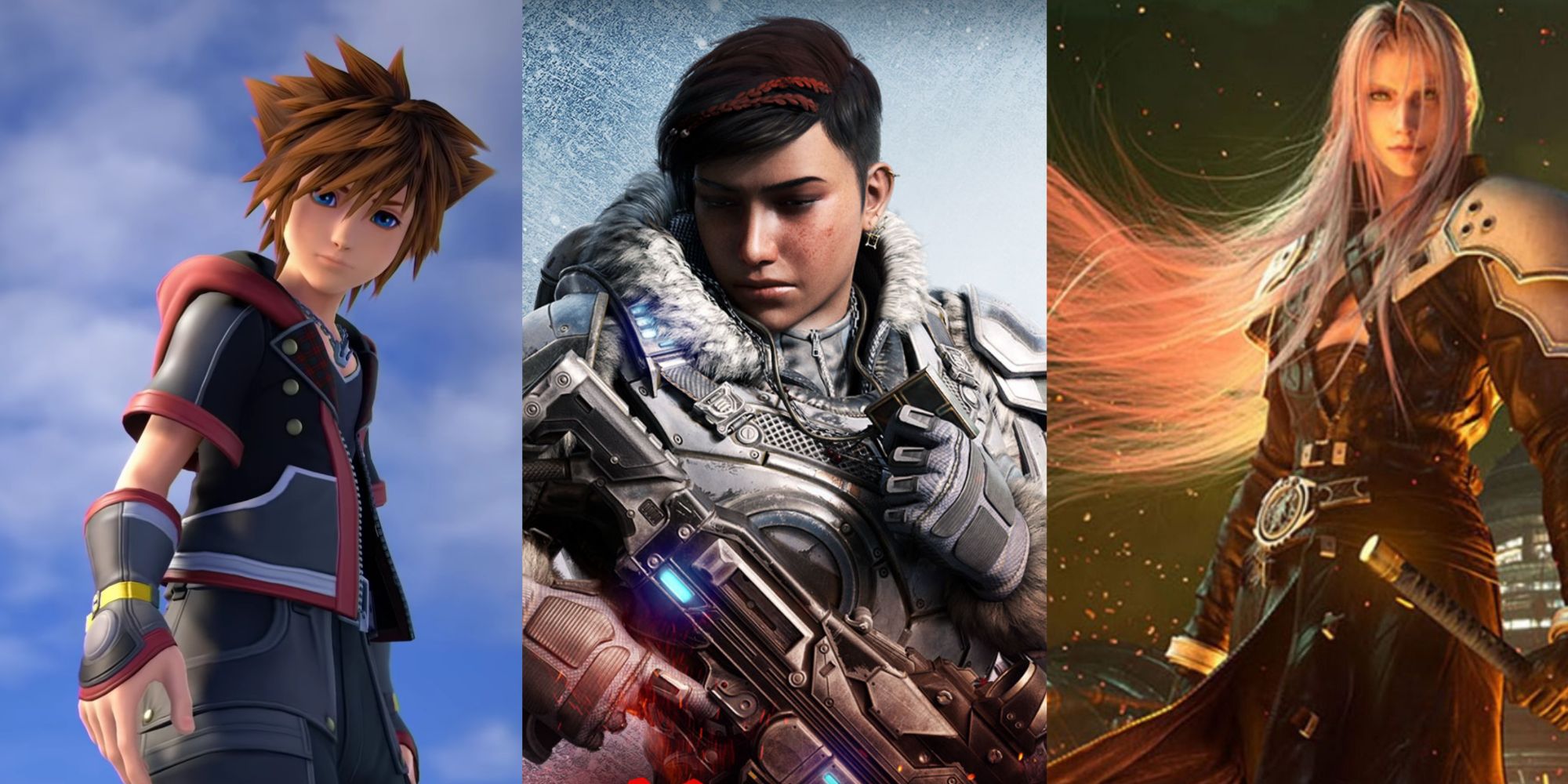 Split image screenshots of Sora in Kingdom Hearts 3, Kait Diaz in Gears 5, and Sephiroth in Final Fantasy 7 Remake.