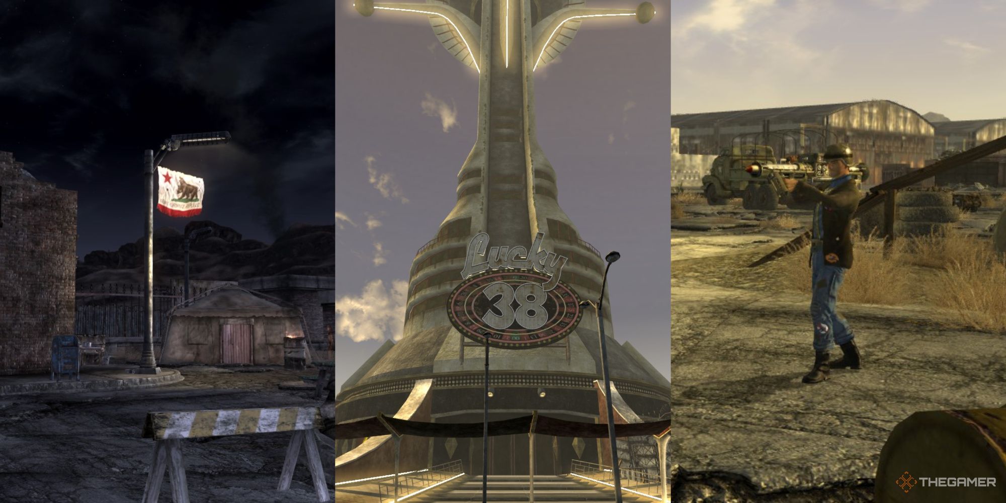 fallout new vegas featured image, with the NCR's flag at an outpost at night, the Lucky 38 Casino entrance, and a Boomer holding a rocket launcher at Nellis airfield