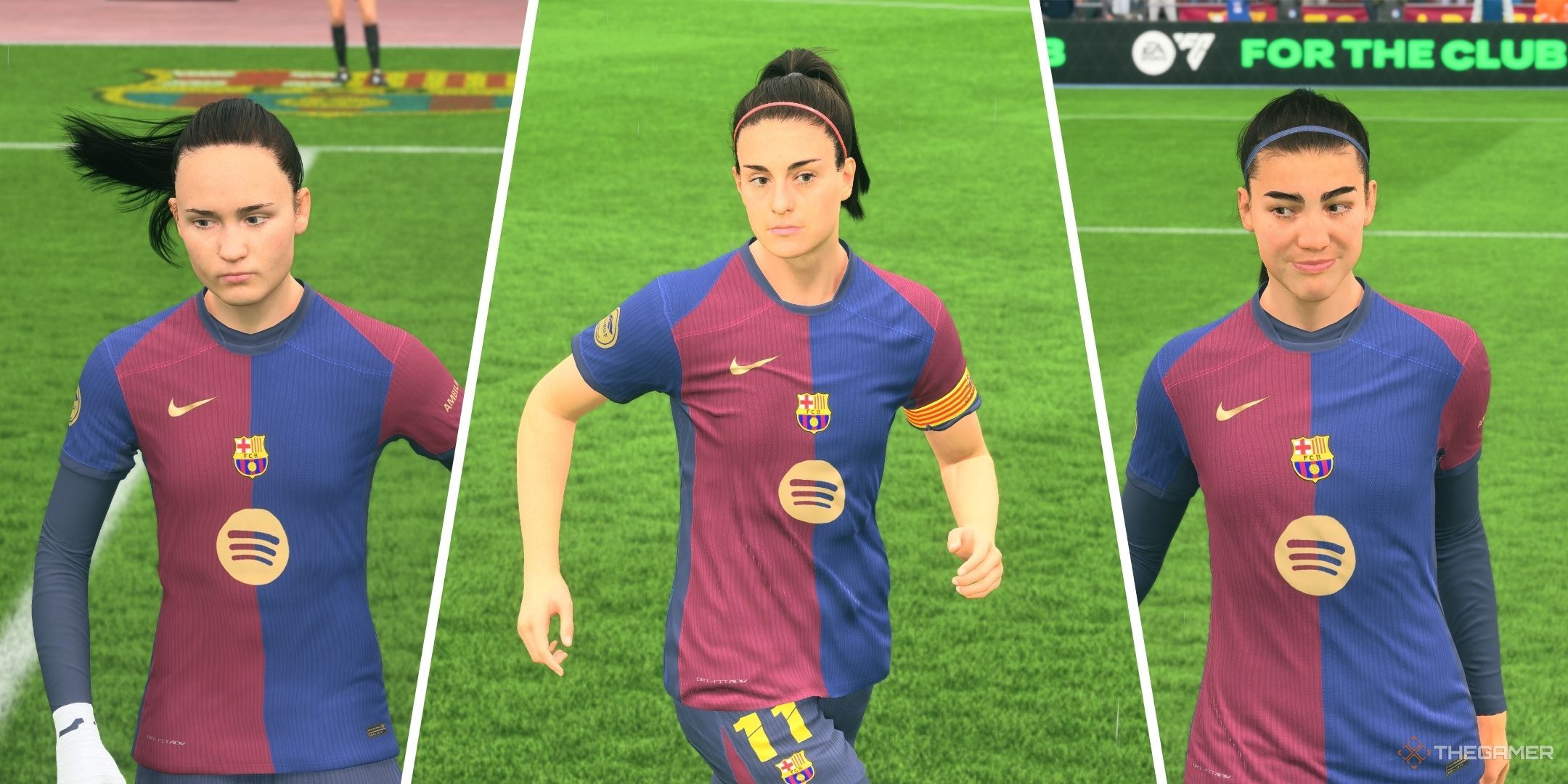 A split image of Carolina Hansen, Alexia Putellas, and Patri Guijarro in EA Sports FC 25.