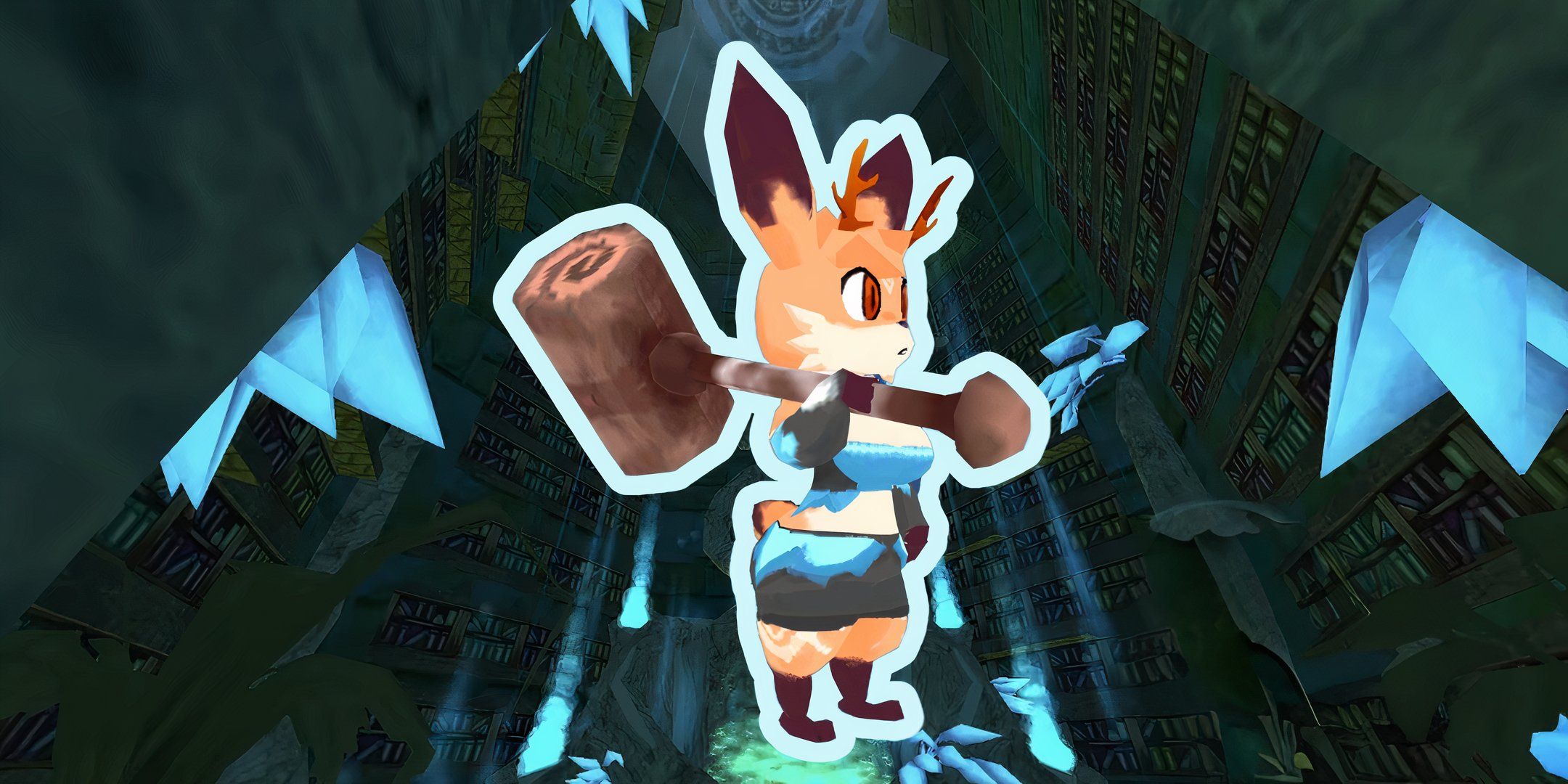 Image of Atlyss fox character holding the Wood Hammer heavy melee weapon.