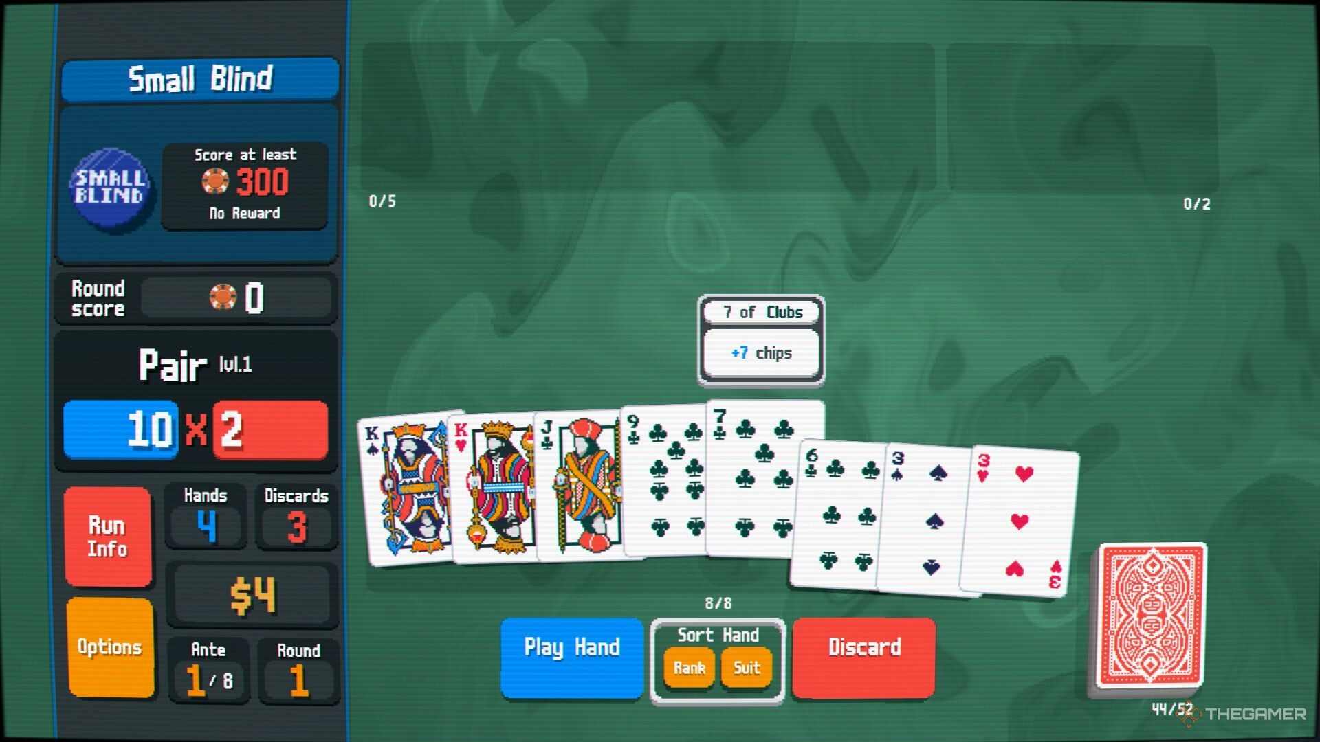 Balatro game screen with five cards selected.