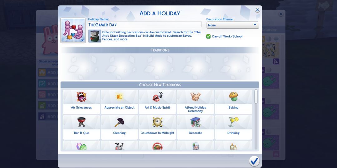 The control panel for creating a holiday is shown.