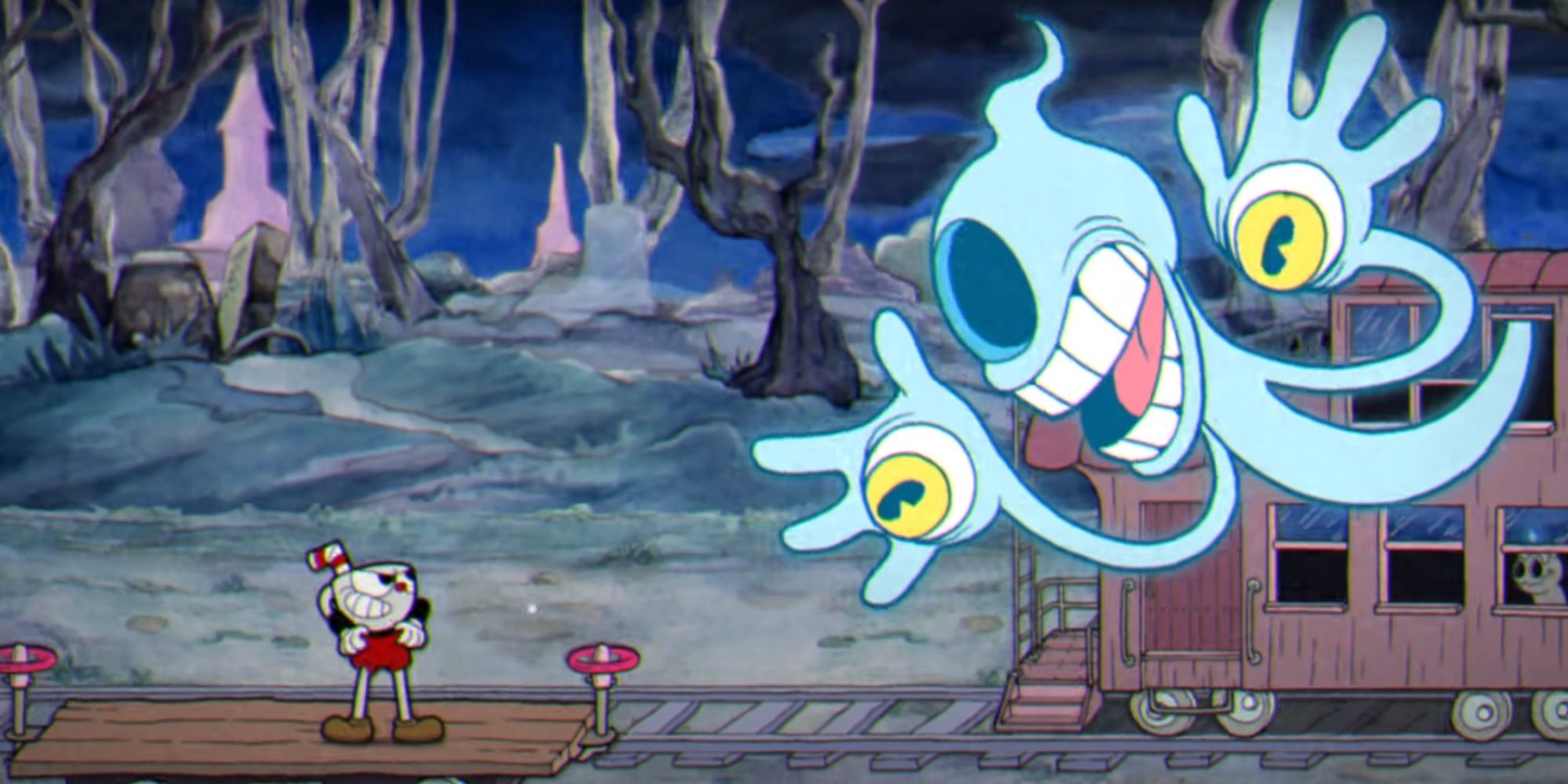 Cuphead Standing Off Against the Phantom Express.