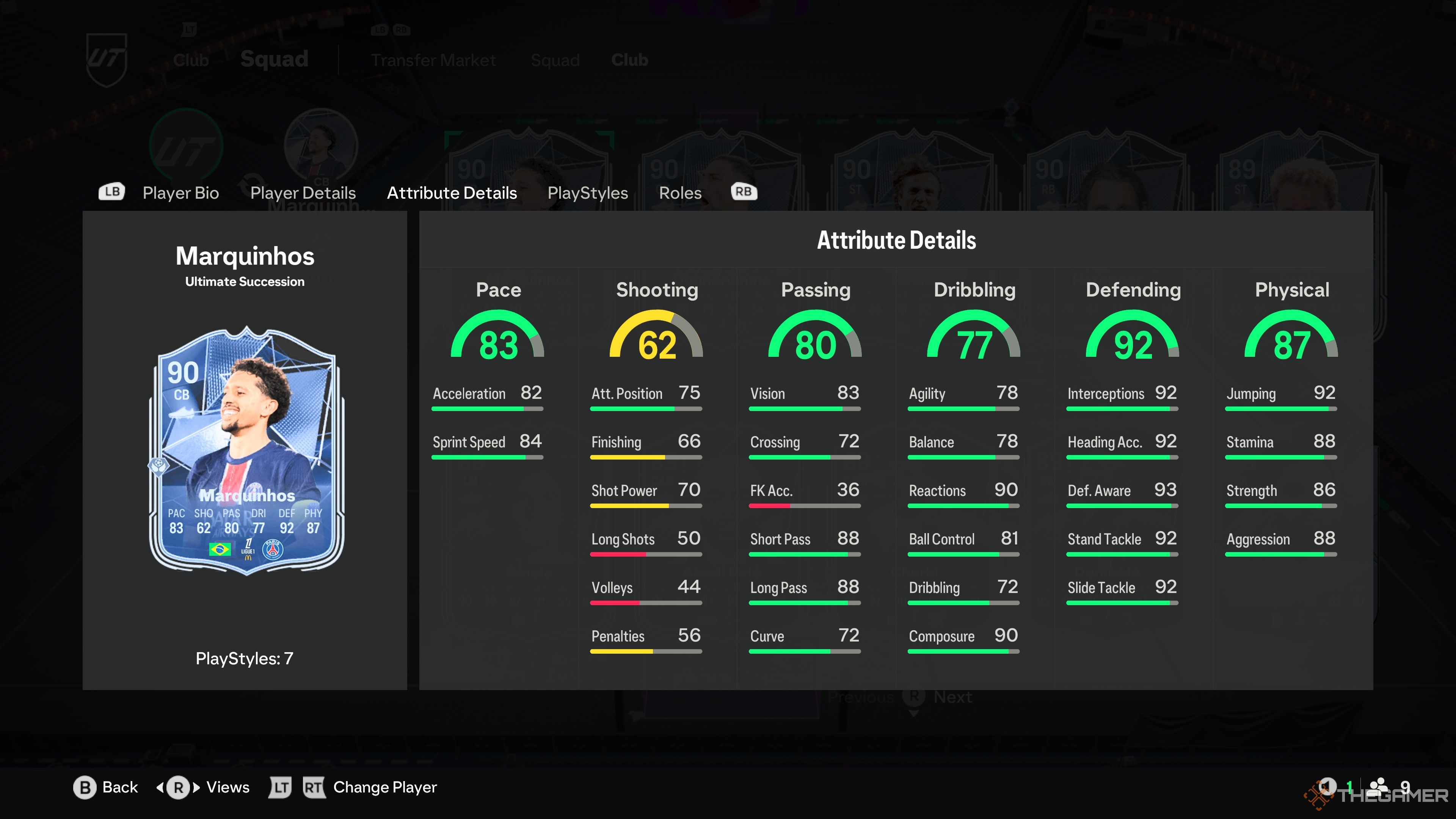 Marquinhos's card attributes in EA Sports FC 25.