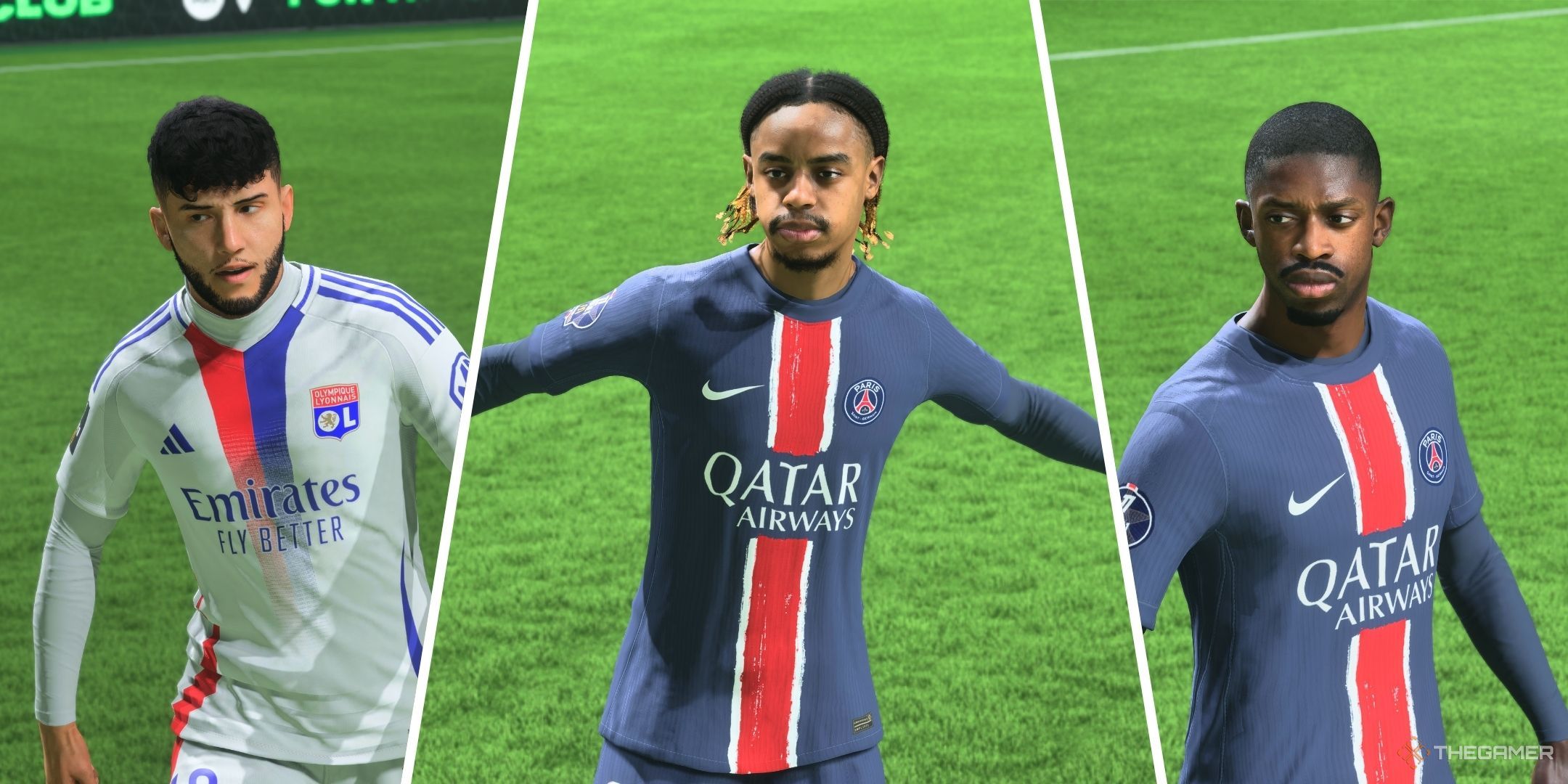 A split image of Rayan Cherki, Bradley Barcola, and Ousmane Dembele in EA Sports FC 25.