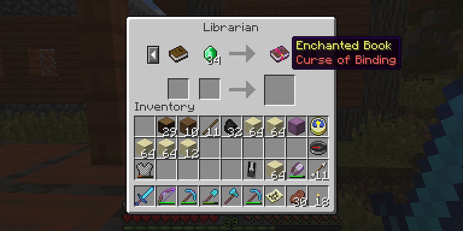 Librarian Villager trade showing Curse of Vanishing.