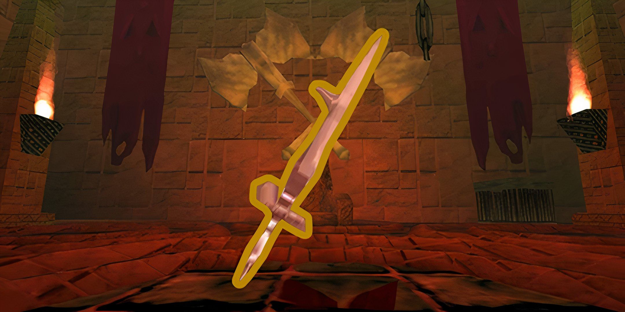 Image of Wood Sword weapon from Atlyss with a dungeon background.