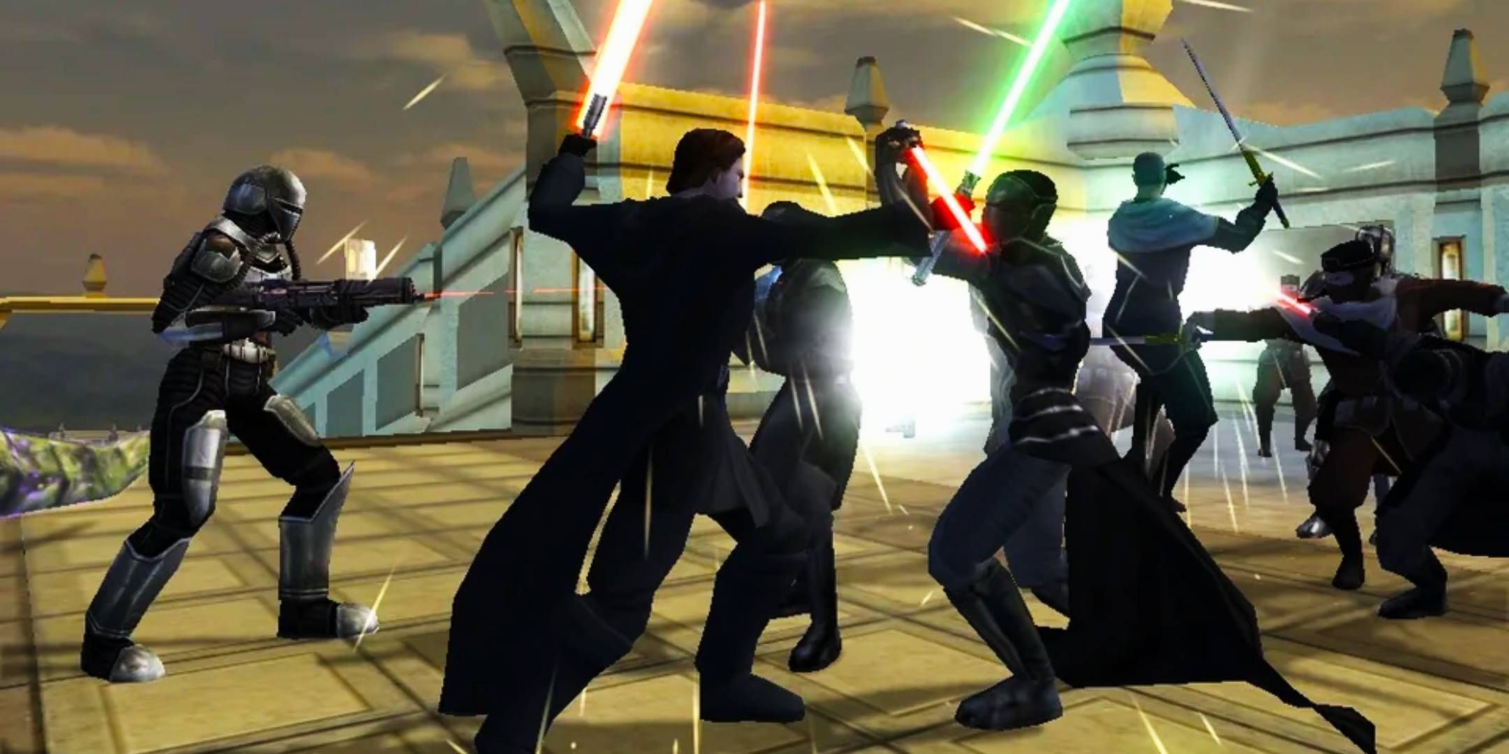 Star Wars Knights of the Old Republic 2 The Sith Lords - The Exile and Mandalore fighting in Iziz on Onderon.