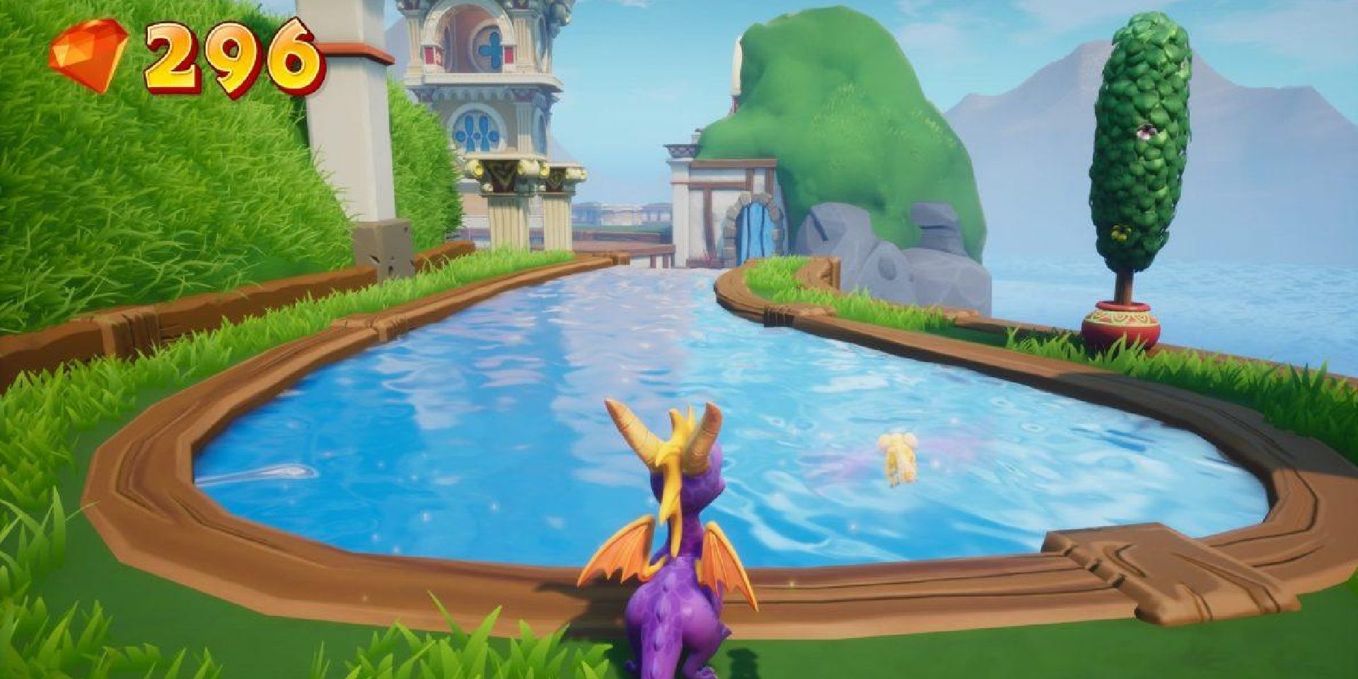 Spyro Reignited: Spyro the purple dragon in a lush world.