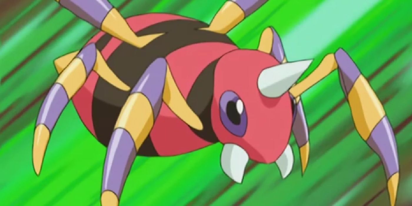 Ariados moving at rapid speeds in front of a green background in the Pokemon anime.