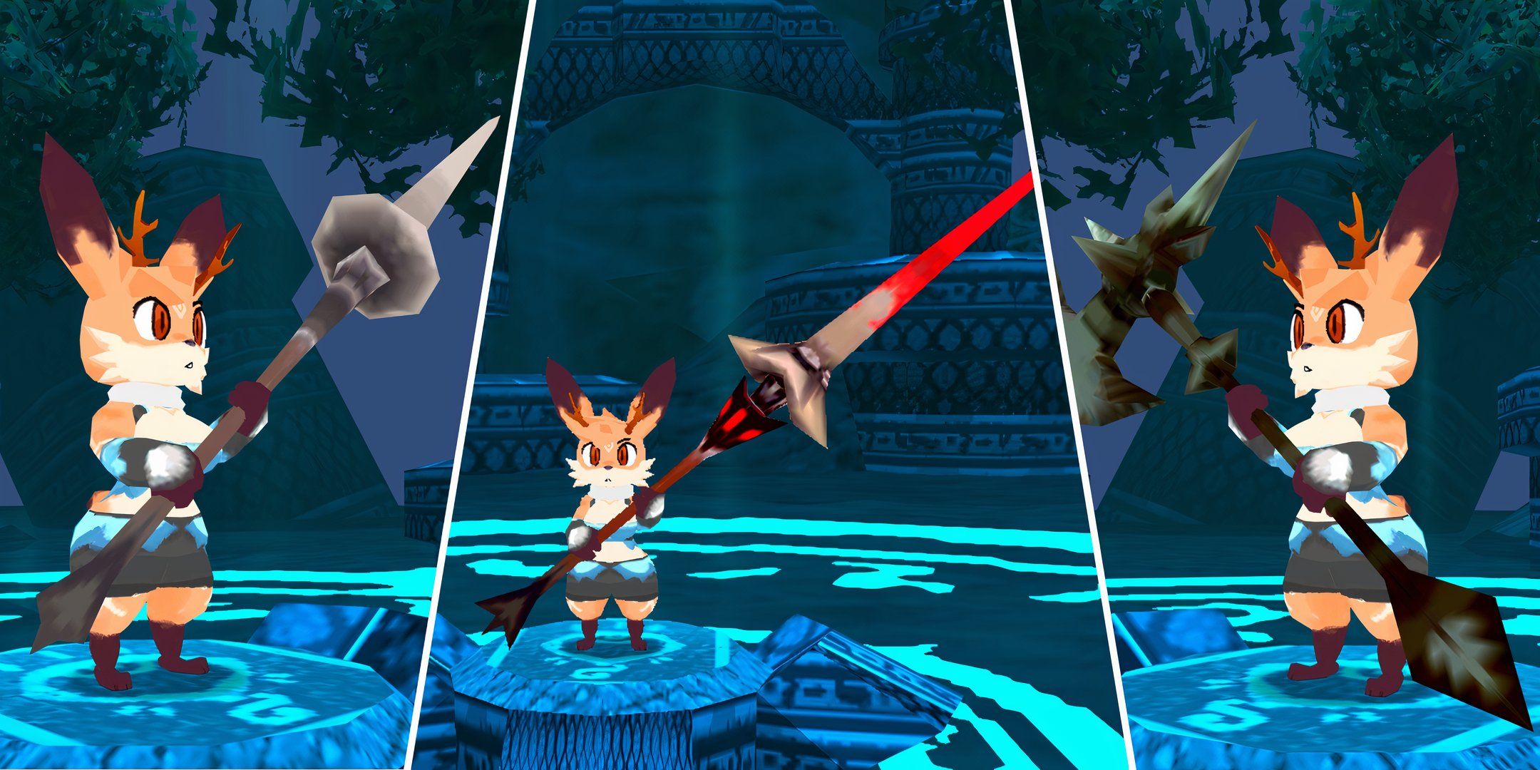 Split image of fox character holding the Wood Spear, Ragespear, and Cryptsinge Halberd polearms from Atlyss.