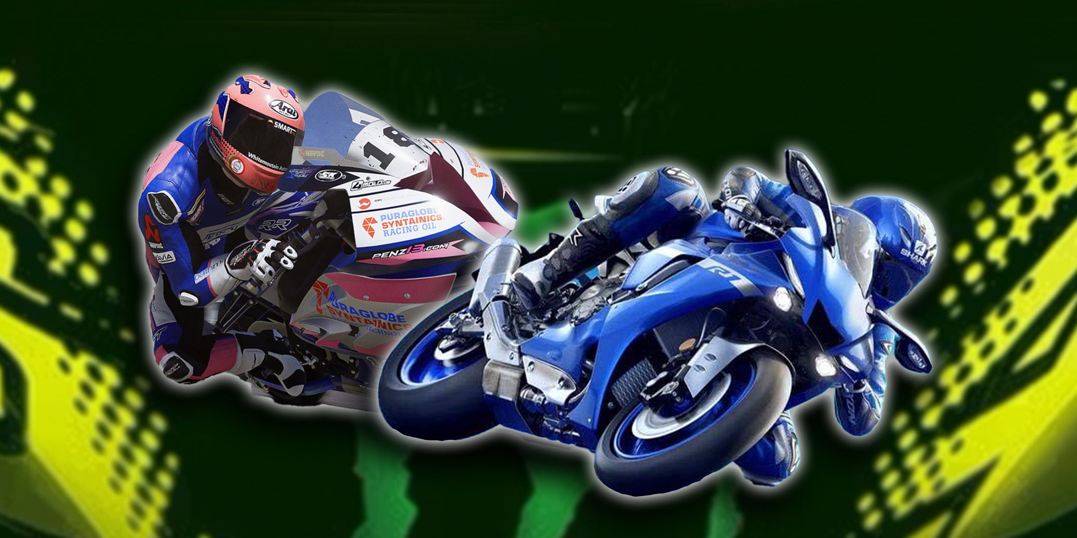 Two racers on a blue and red motorcylce