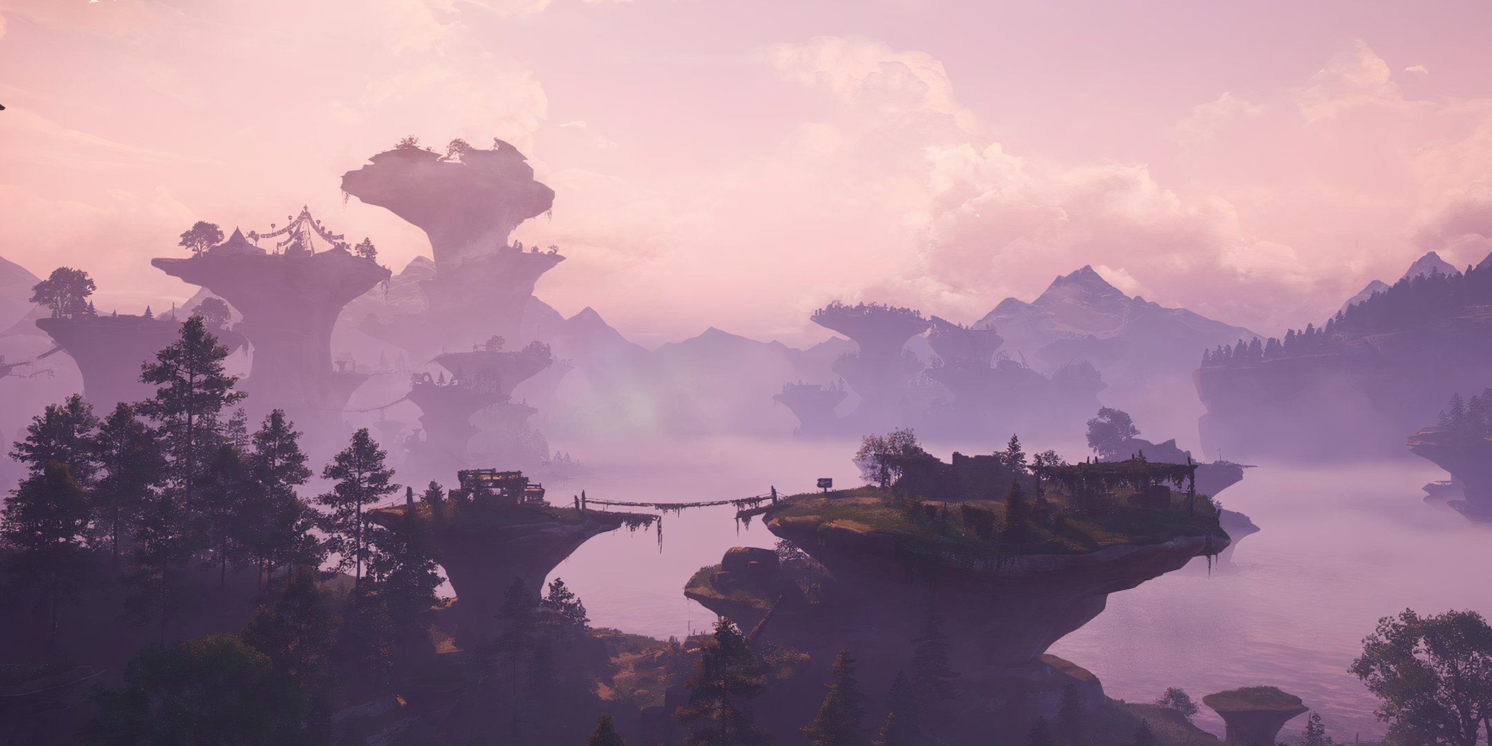 the tall islands of the abandoned district stand tall above the water and clouds against a pink sunrise.