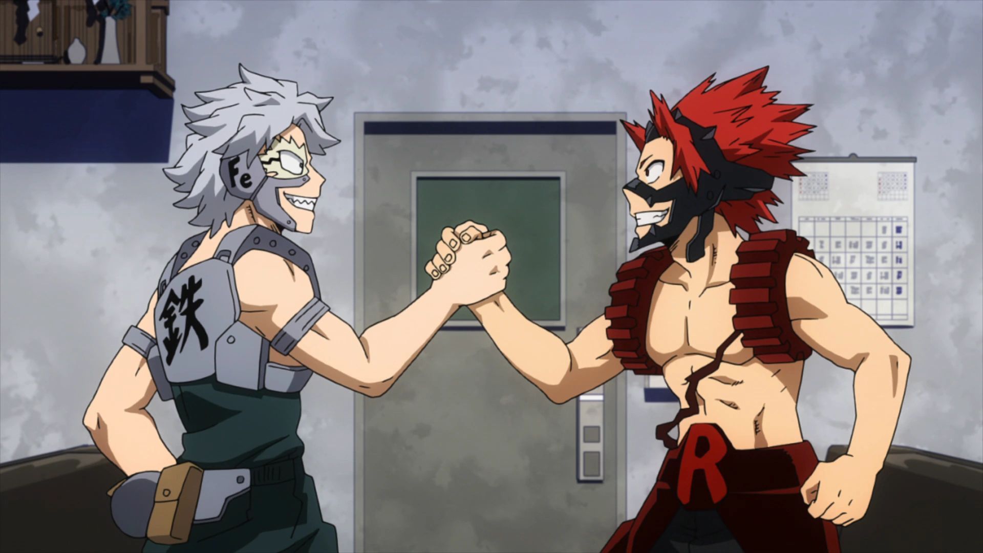 Koda and Tetsutetsu shaking hands in My Hero Academia.