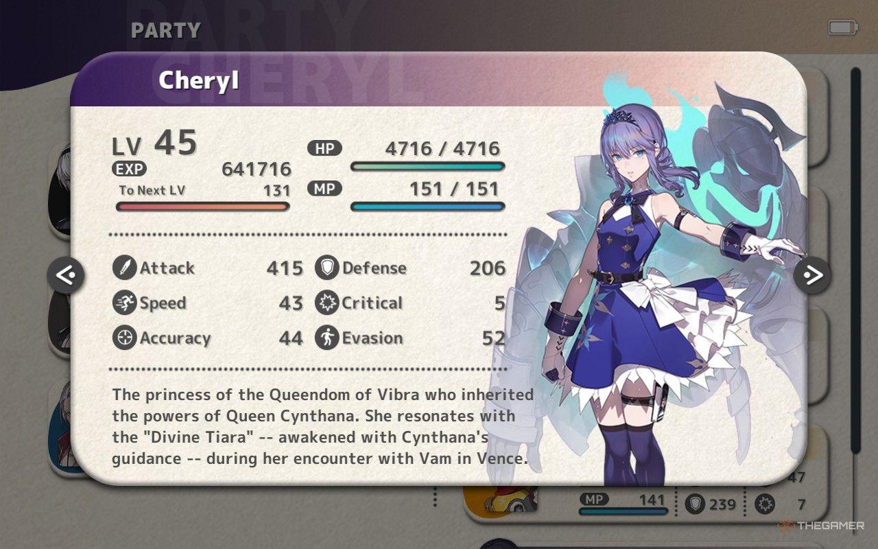 Character profile for Cheryl showing her stats in Fantasian neo dimension.