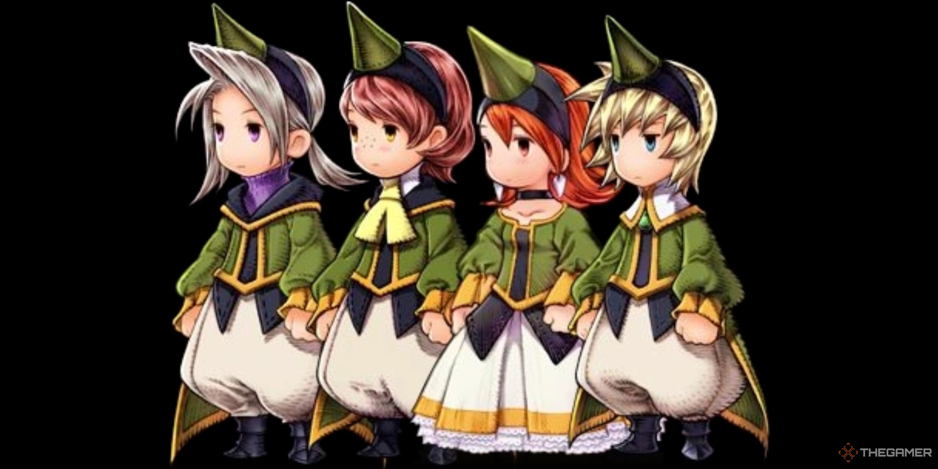 Each party member of Final Fantasy 3 dressed as the Summoner job class.