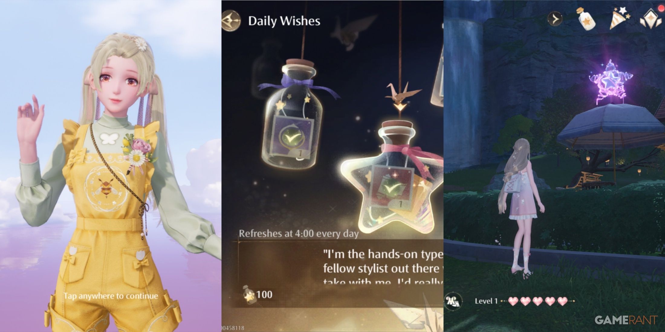 split image of Afternoon Shine, Daily Wishes, and a Whimstar in Infinity Nikki