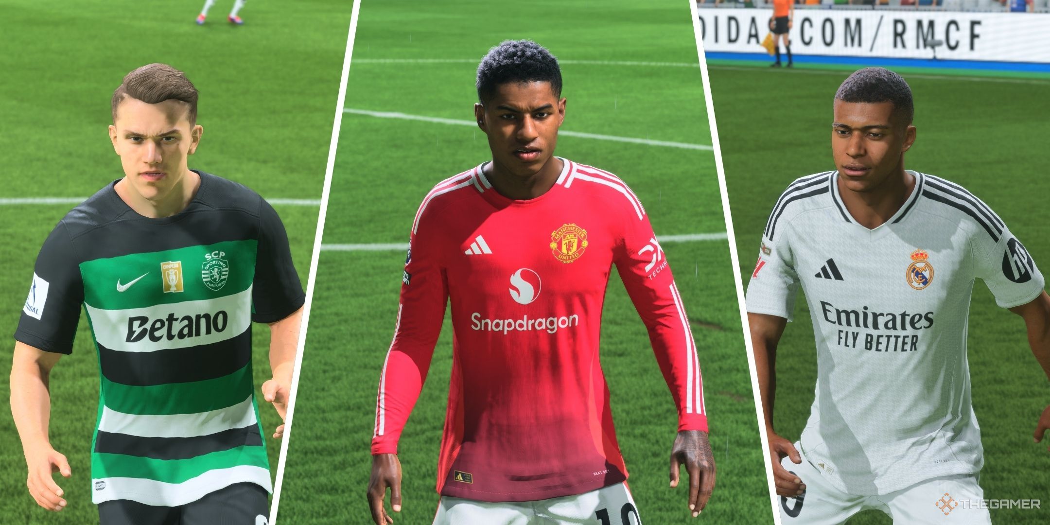 A split image of Gyokeres, Rashford, and Mbappe in EA Sports FC 25.