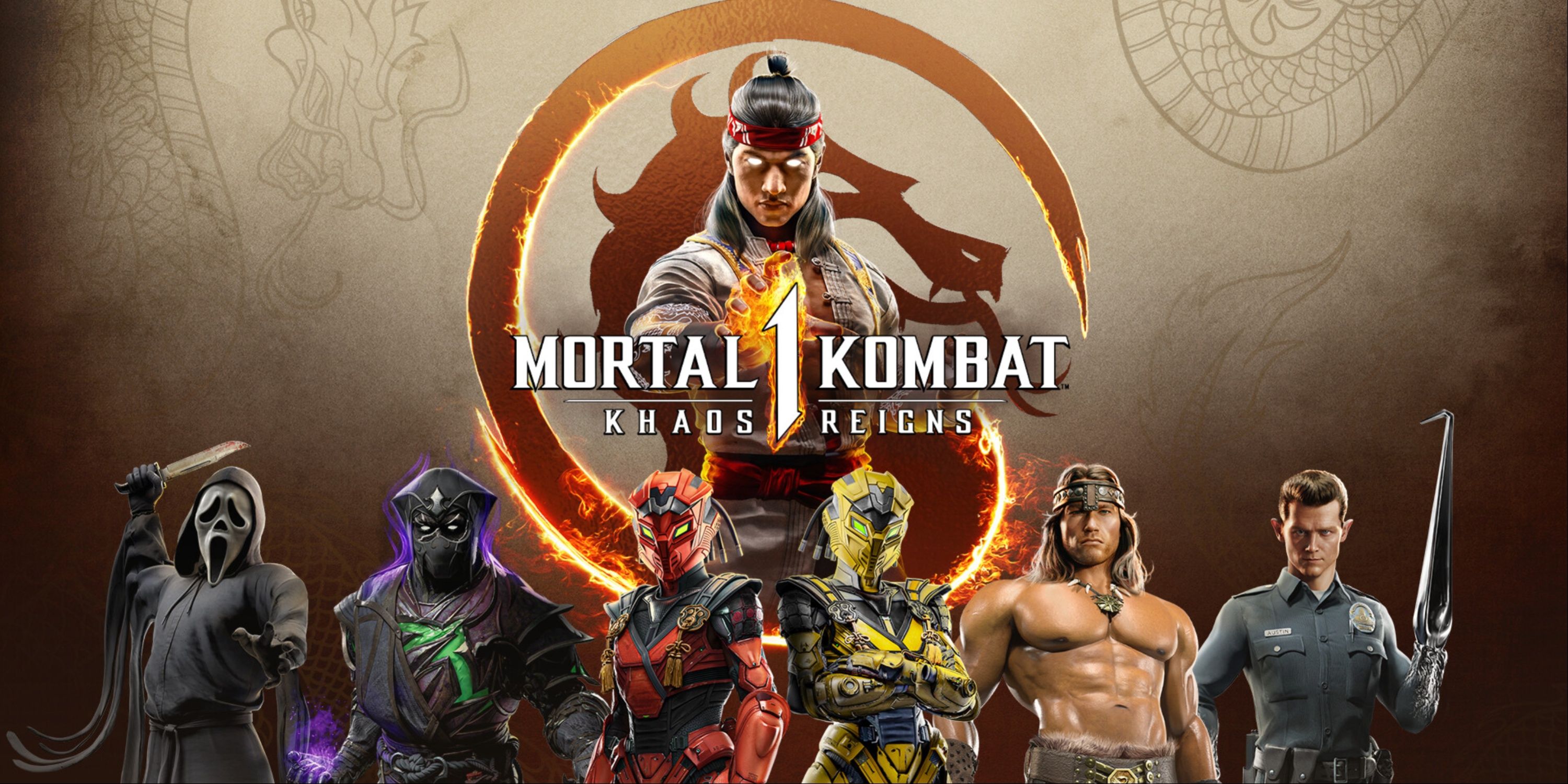 Mortal Kombat 1 Khaos Reigns DLC Main Art Featuring Liu Kang And New Fighters Including Ghost Face.