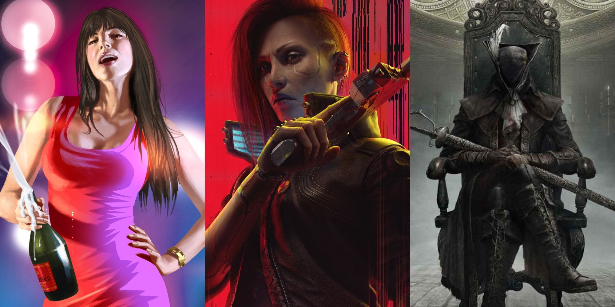 Joni art from GTA4 Ballad of Gay Tony, cover art for Cyberpunk 2077 Phantom Liberty, and Lady Maria art from Bloodborne