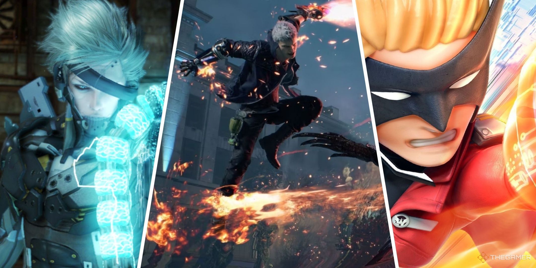 Character Action Games Featured Image containing images from Devil May Cry 5, Metal Gear Rising, and The Wonderful 101