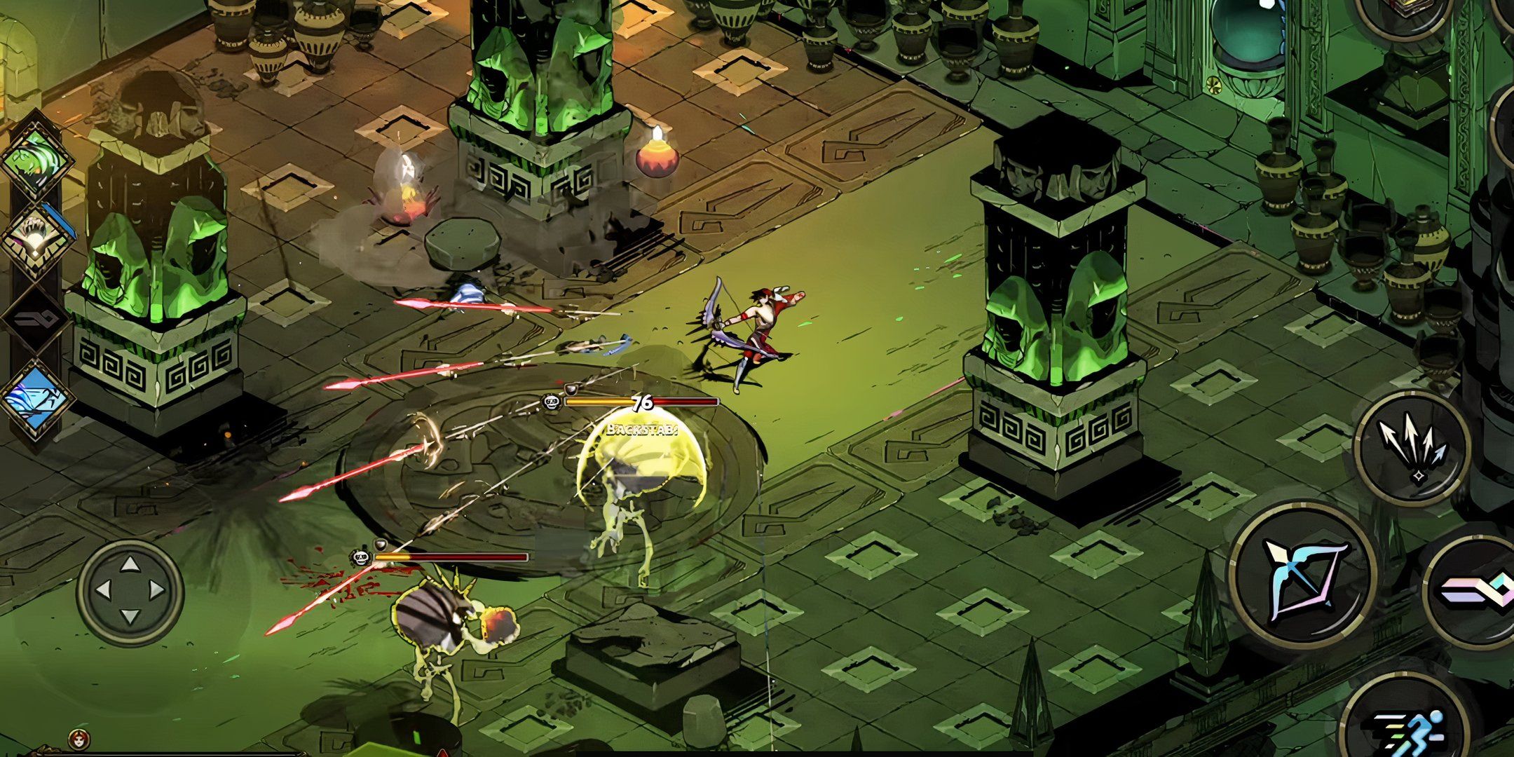 Screenshot of Zagreus fighting off ghouls in the underworld from Hades.