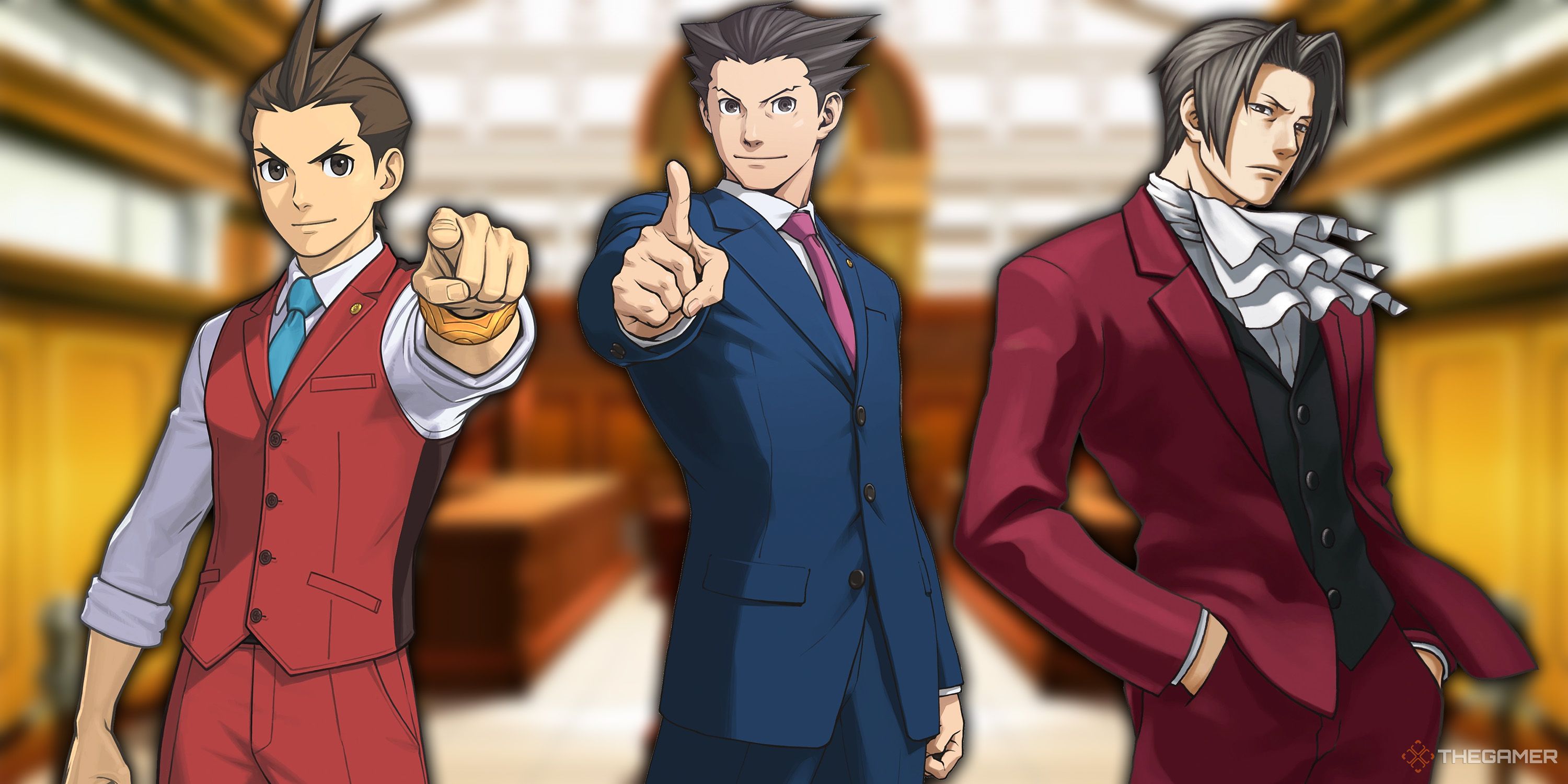 Apollo Justice, Phoenix Wright, and Miles Edgeworth standing side by side in court from Ace Attorney.