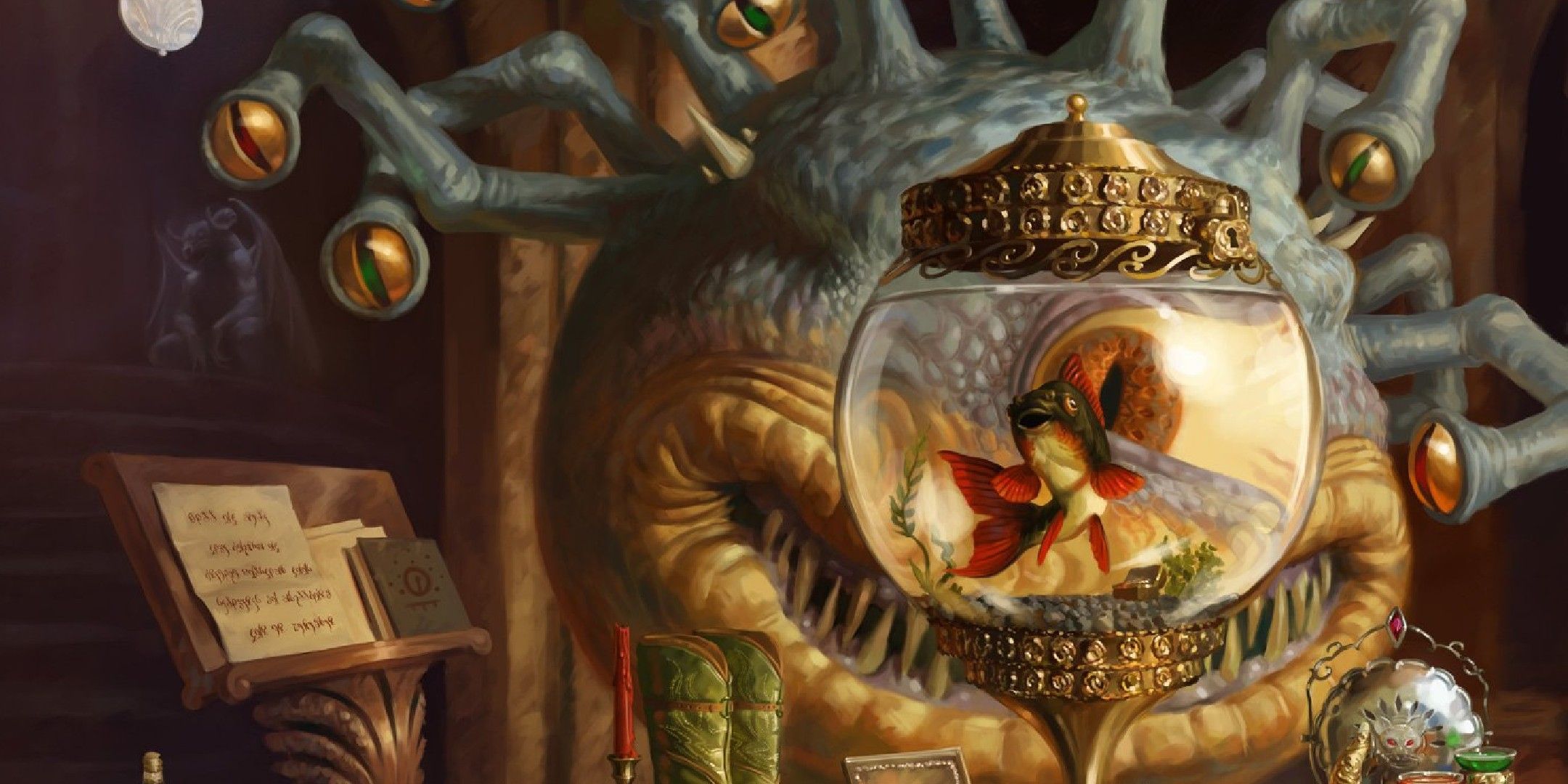 The beholder xanathar looking at its pet goldfish