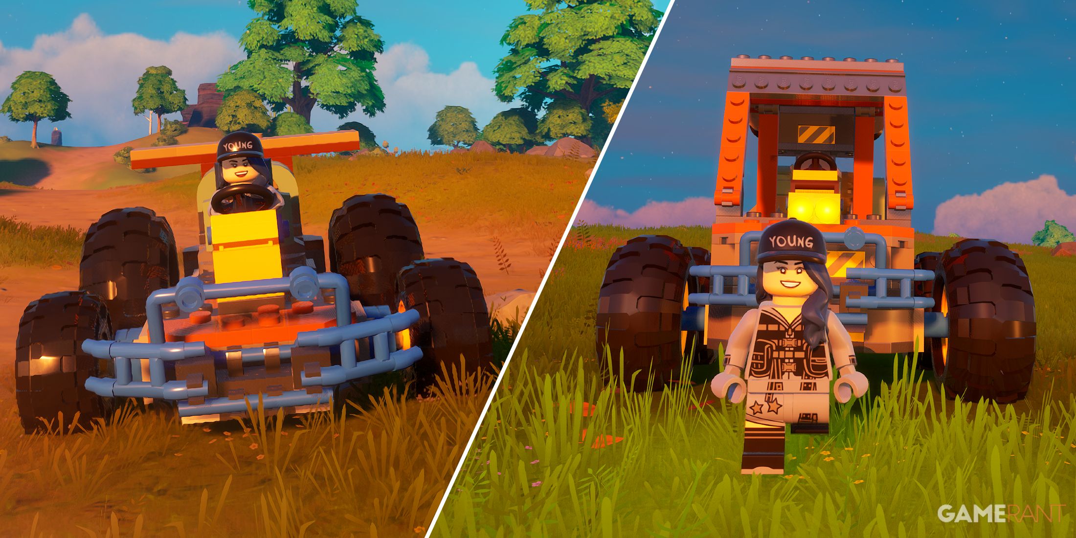 Screenshot showcasing a Kart Racer and a custom vehicle in LEGO Fortnite