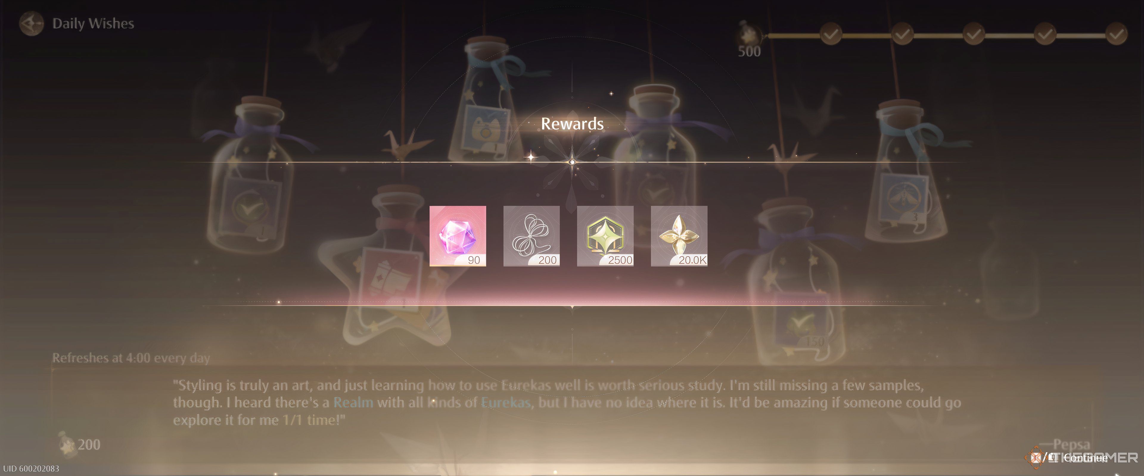 Daily wishes reward screen in Infinity Nikki.