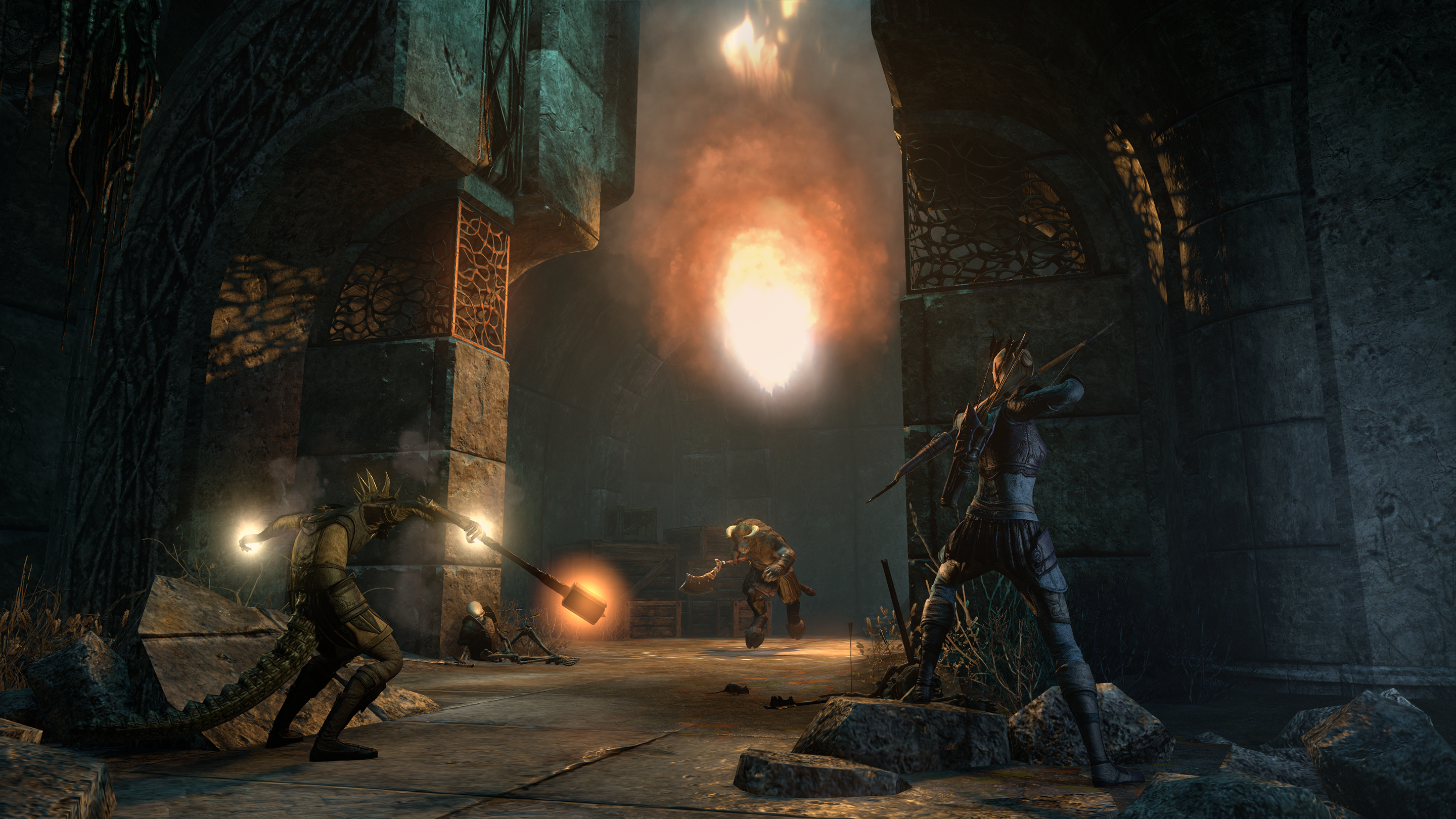 The Elder Scrolls Online Gold Road screenshot of adventureers casting a fireball at an enemy in an Ayleid ruin