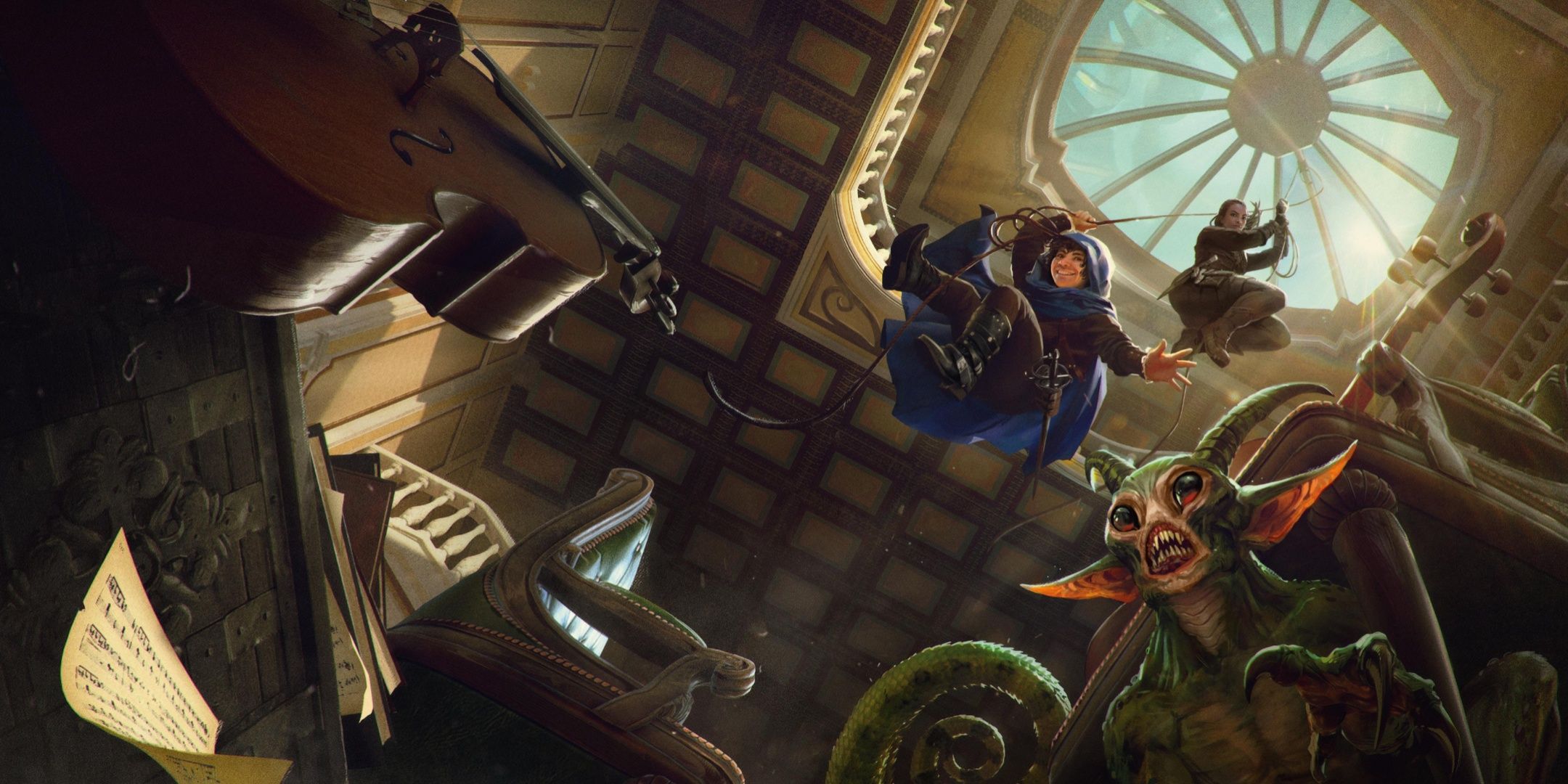 Dungeons & Dragons art of characters repelling down from a skylight to steal stuff in a museum.