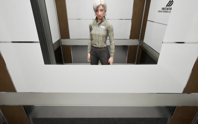 The Cabin Factory's player character, a woman with grey hair, is seen looking into a mirror inside a lift.