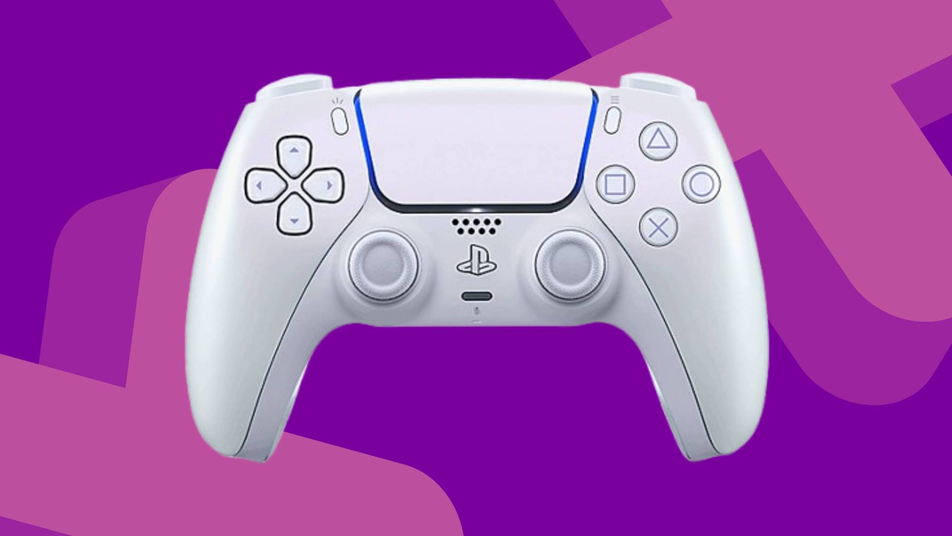 Image of the Chroma Pearl PS5 DualSense controller with a purple background.