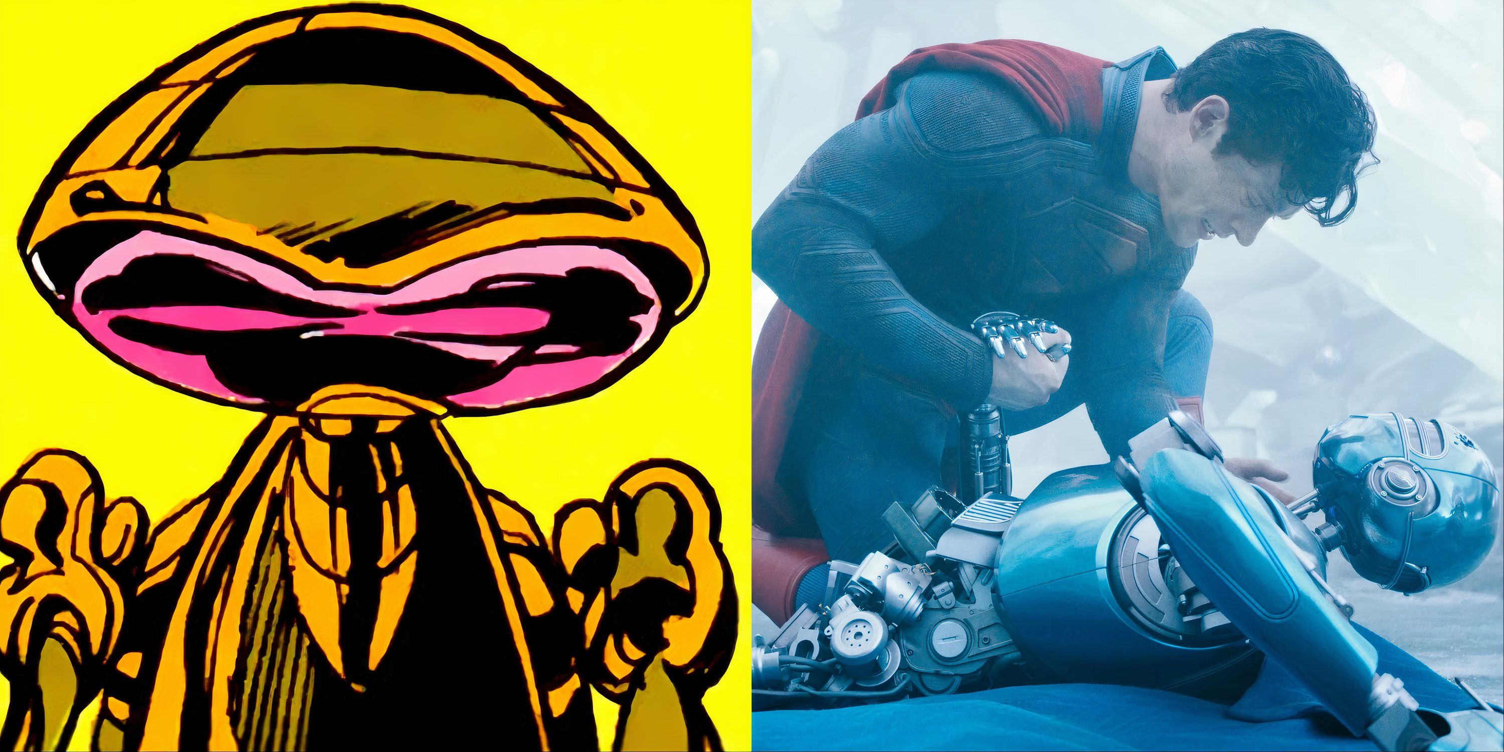 Split image of Kelex in The Man Of Steel comic and Superman holding a robot in James Gunn's Superman