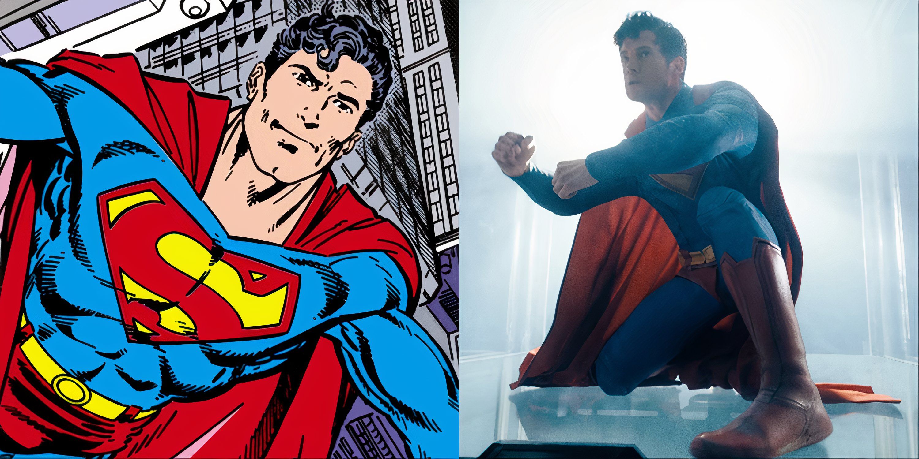 Split image of John Byrne's The Man Of Steel and James Gunn's Superman