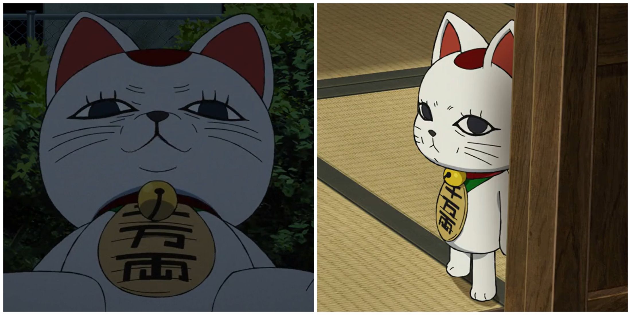 Split image of Turbo Granny in her Maneki-Neko form talking to Okarun and Momo and hiding in Dandadan