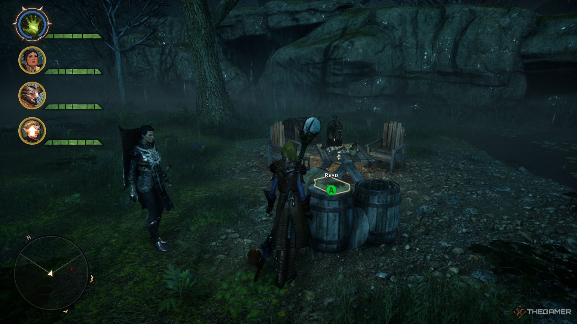 Dragon Age Inquisition screenshot of the Inquisitor standing next to a book that's sitting on top of a barrel.