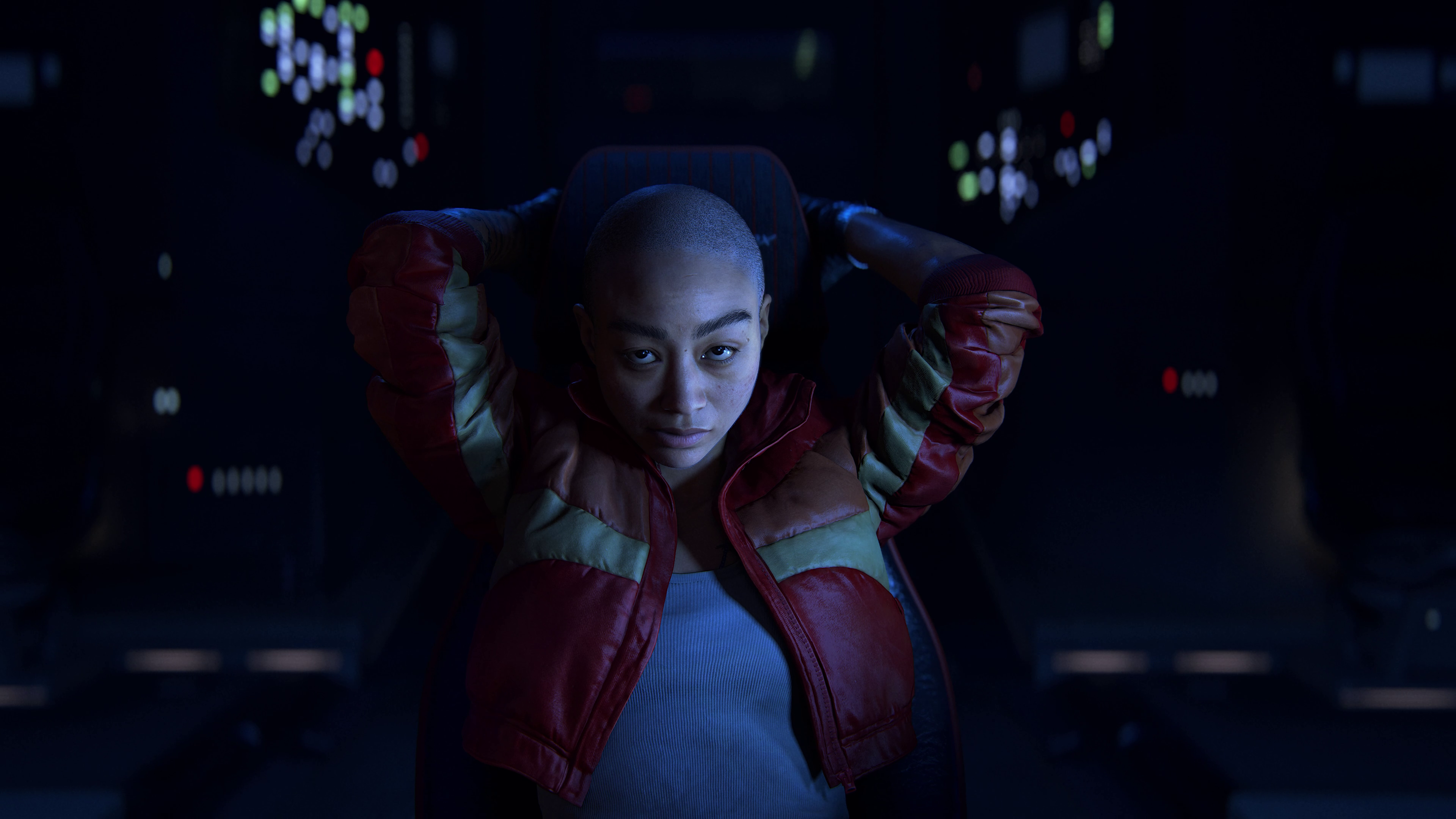 A screenshot from Intergalactic The Heretic Prophet, featuring the protagonist sitting in a char inside her spaceship.