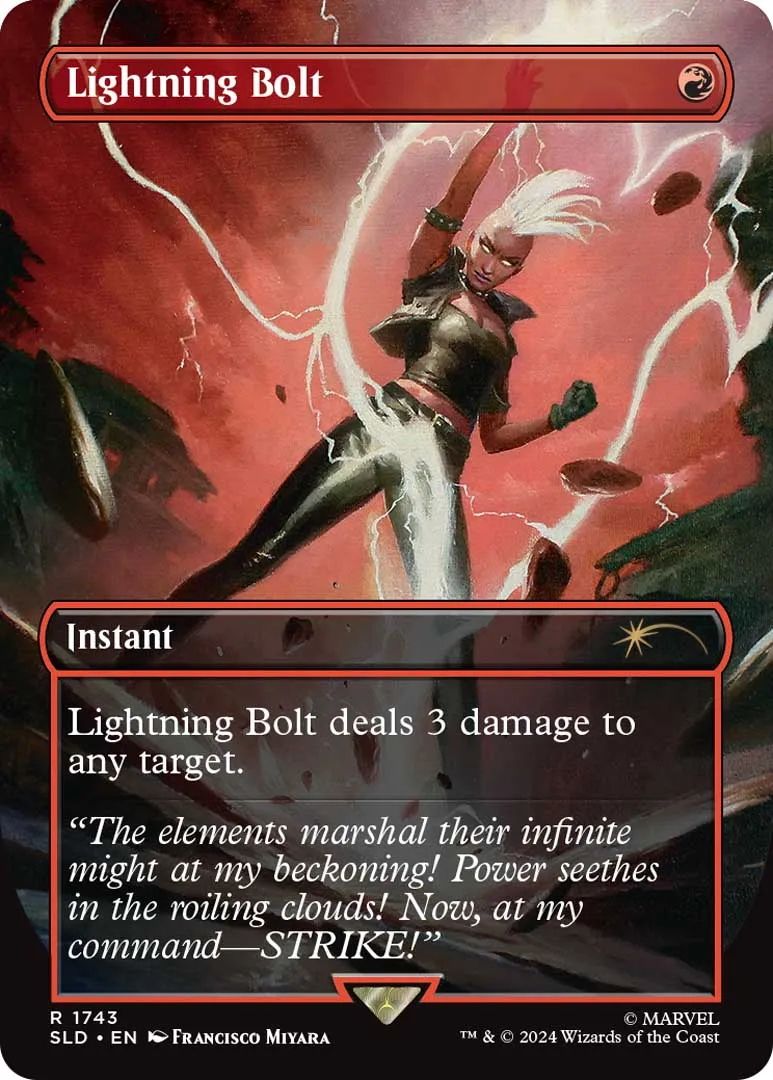 The "Lightning Bolt" card featuring Storm from Magic: the Gathering's Marvel crossover.