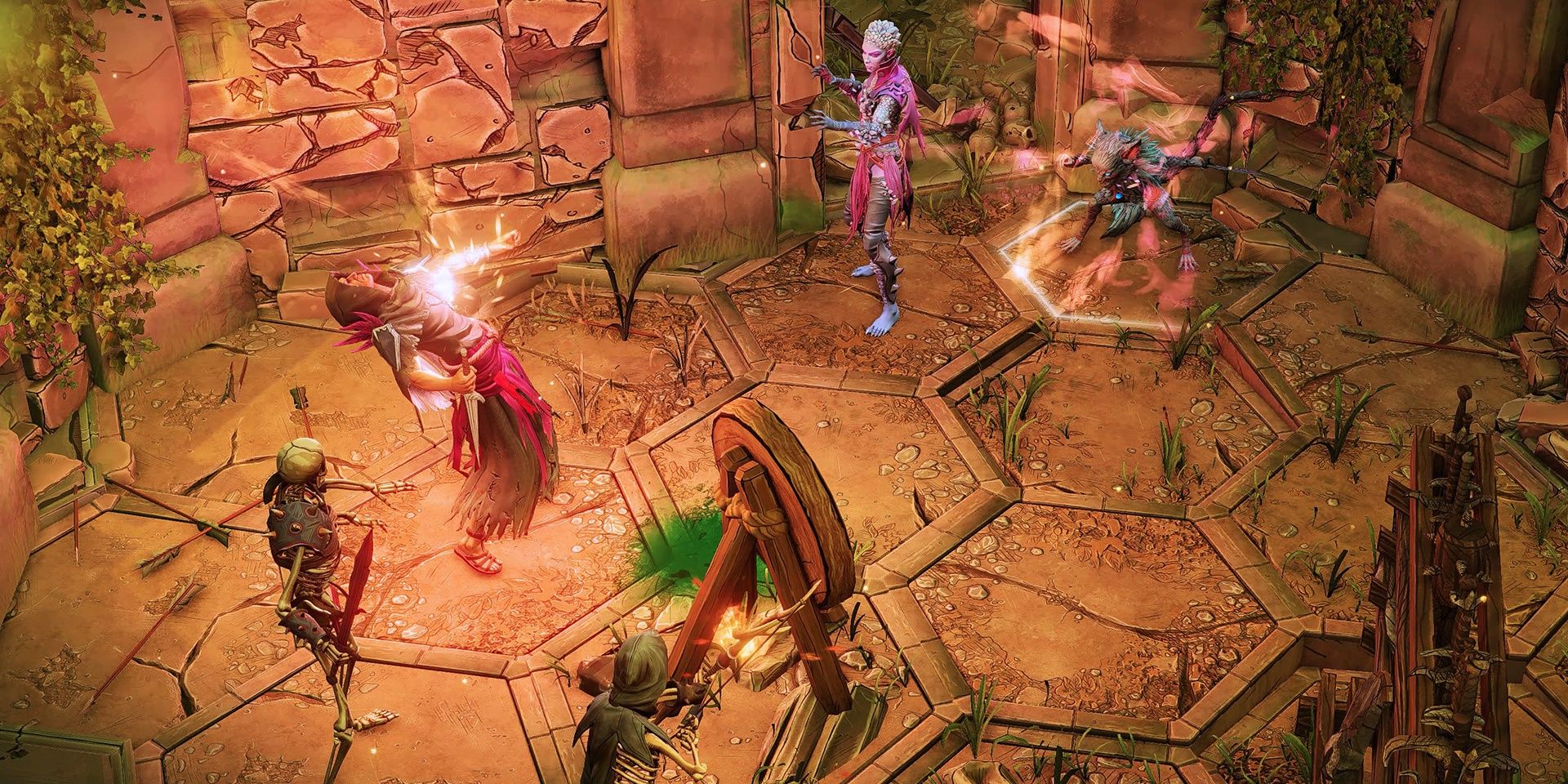 A battle taking place on a tile surface in Gloomhaven.