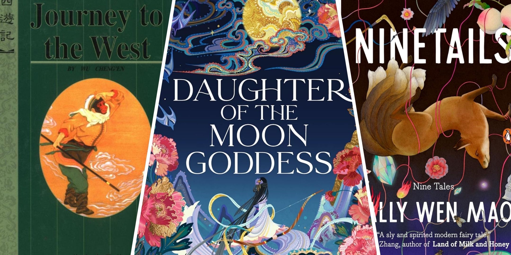 A tri-split image showing the covers of Journey to the West, Daughter of the Moon Goddess, and Ninetails.