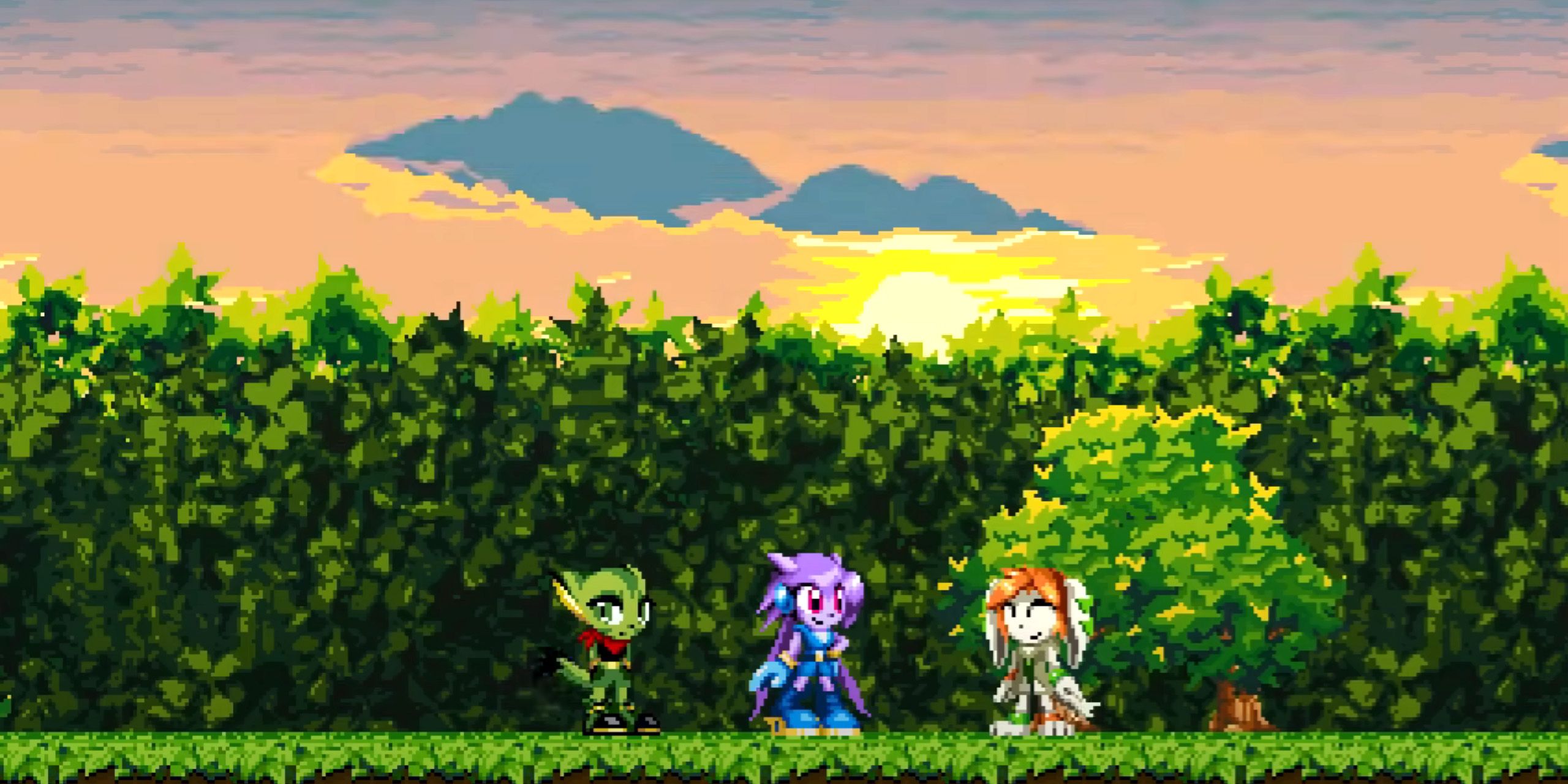 Lilac, Carol, and Milla standing in a field during sunset from Freedom Planet.