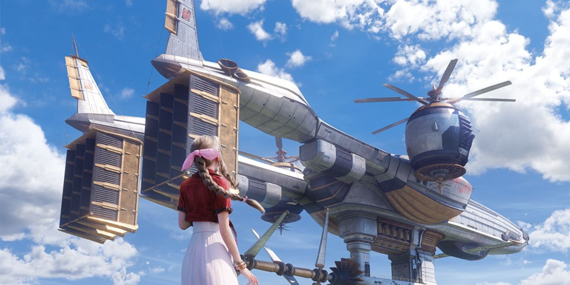 Aerith Gainsborough looks up at the Highwind under a blue sky in key art for Final Fantasy 7 Rebirth.