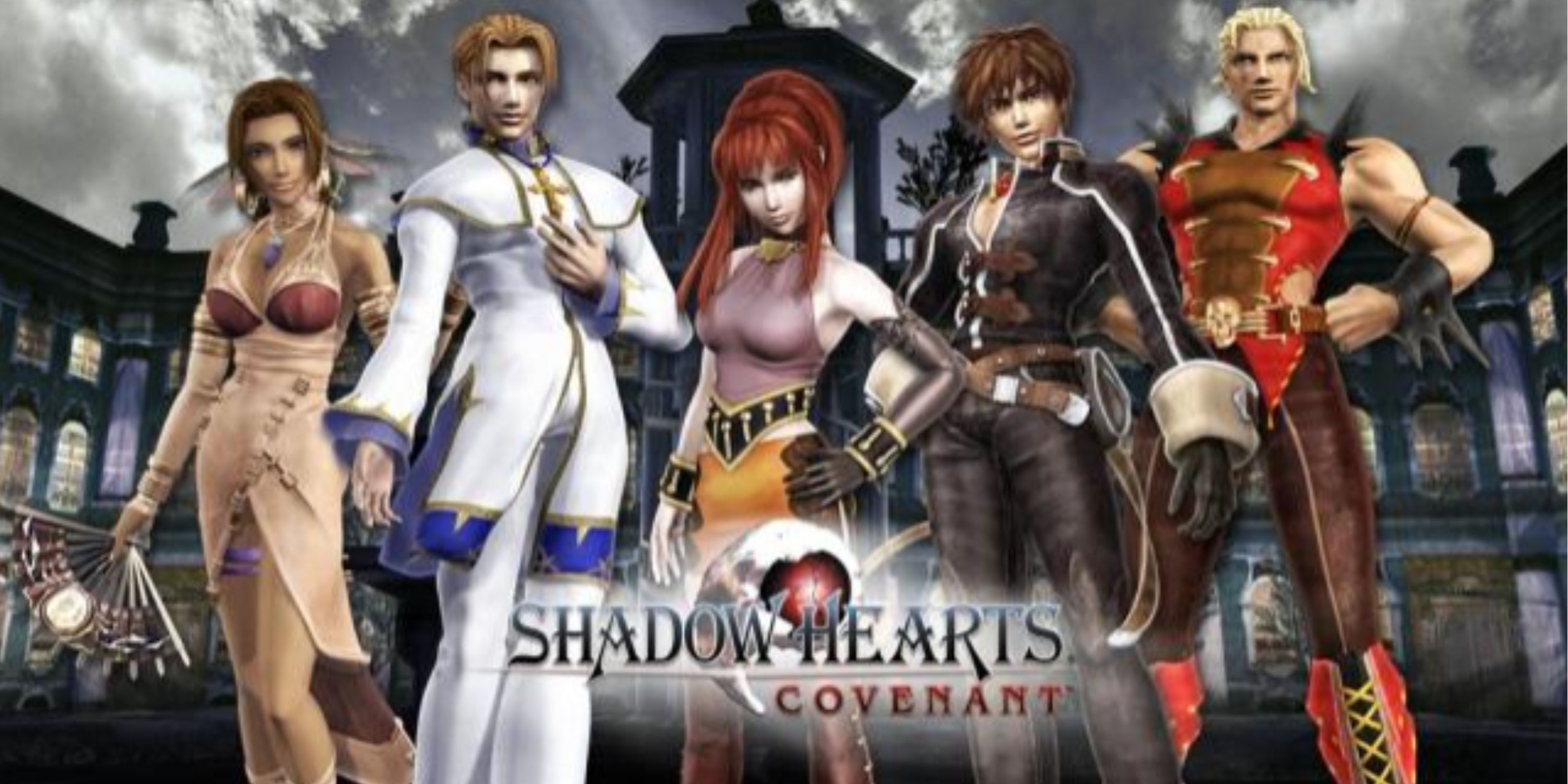 Main characters of Shadow Hearts Covenant in front of a misty house with the game's logo beneath them