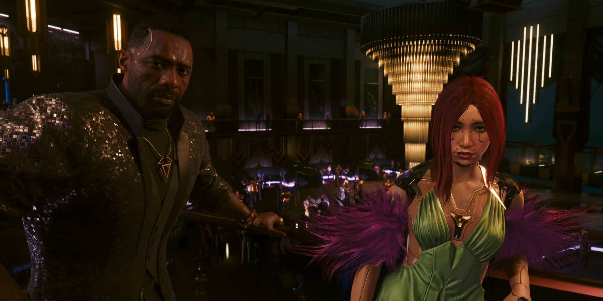 Solomon Reed and Songbird looking at V in Cyberpunk 2077 Phantom Liberty.