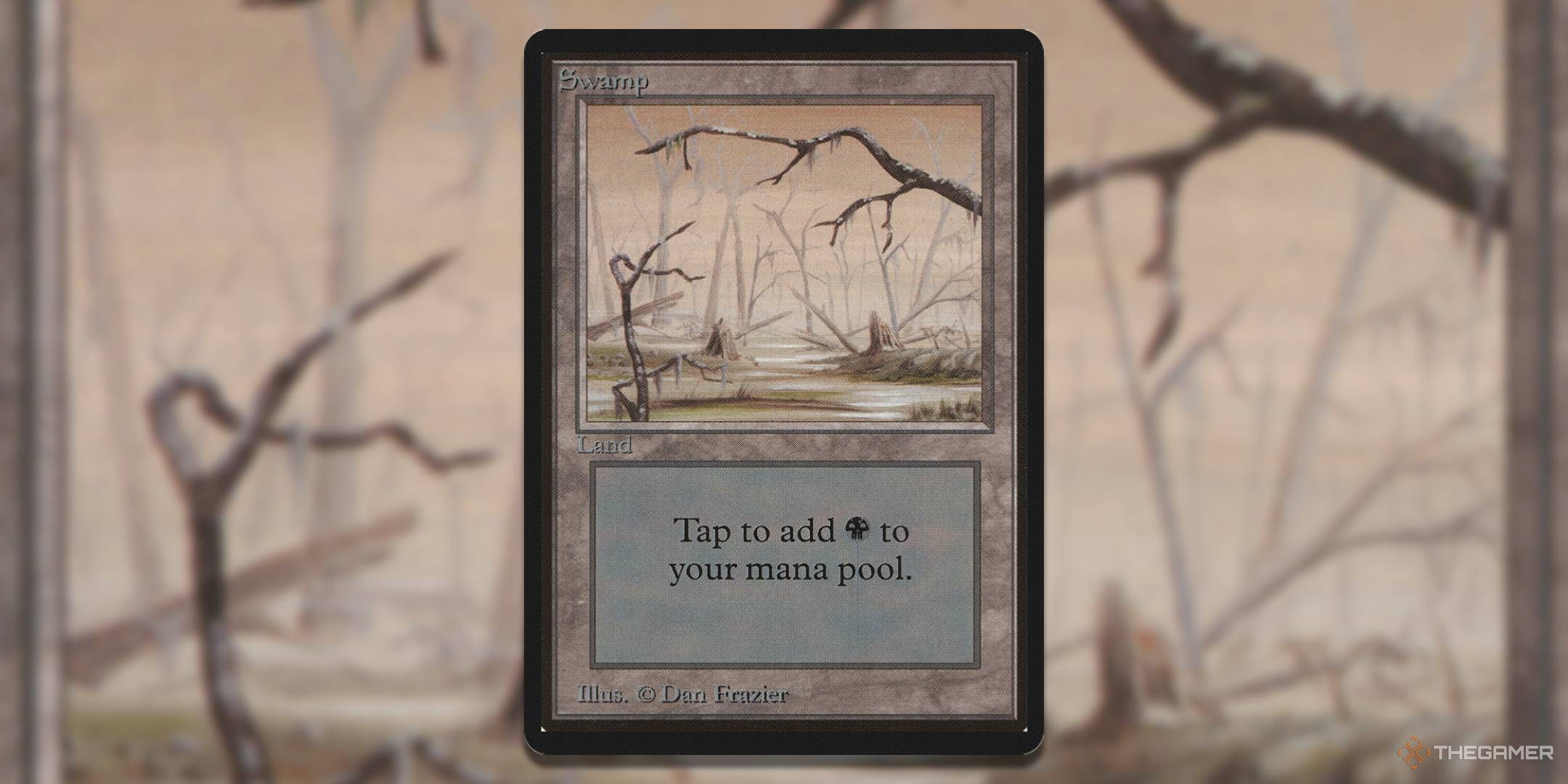 MTG LEB 295 Swamp card with art in the background.